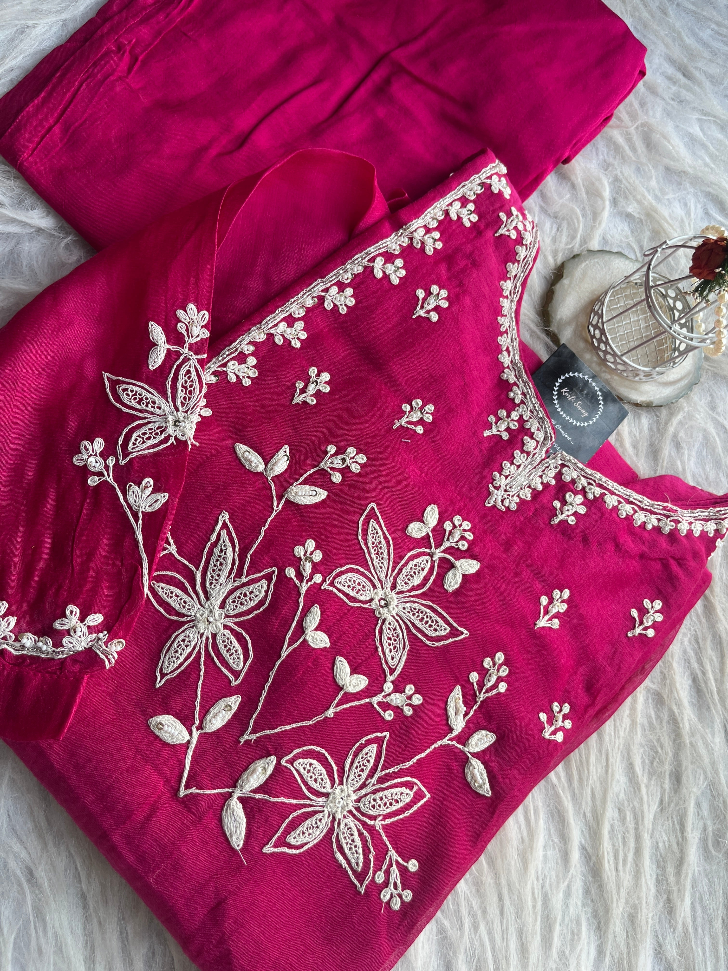 “VAANI” Premium Mul Chanderi Thread Work A Line Kurta Pant Set 💕✨ | KurtiSwag