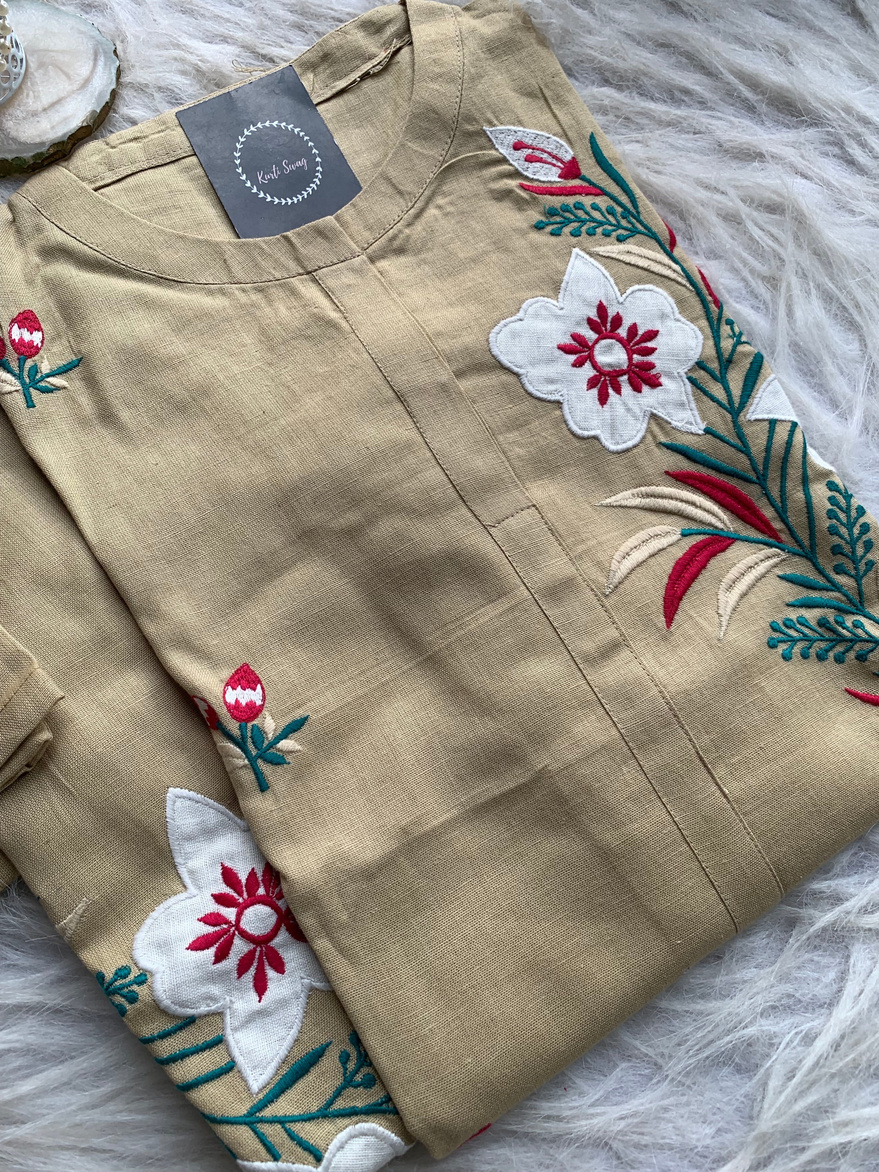 “SIMRAN “ Cotton Straight Kurta With Beautiful Appliqué and Thread Embroidery | KurtiSwag