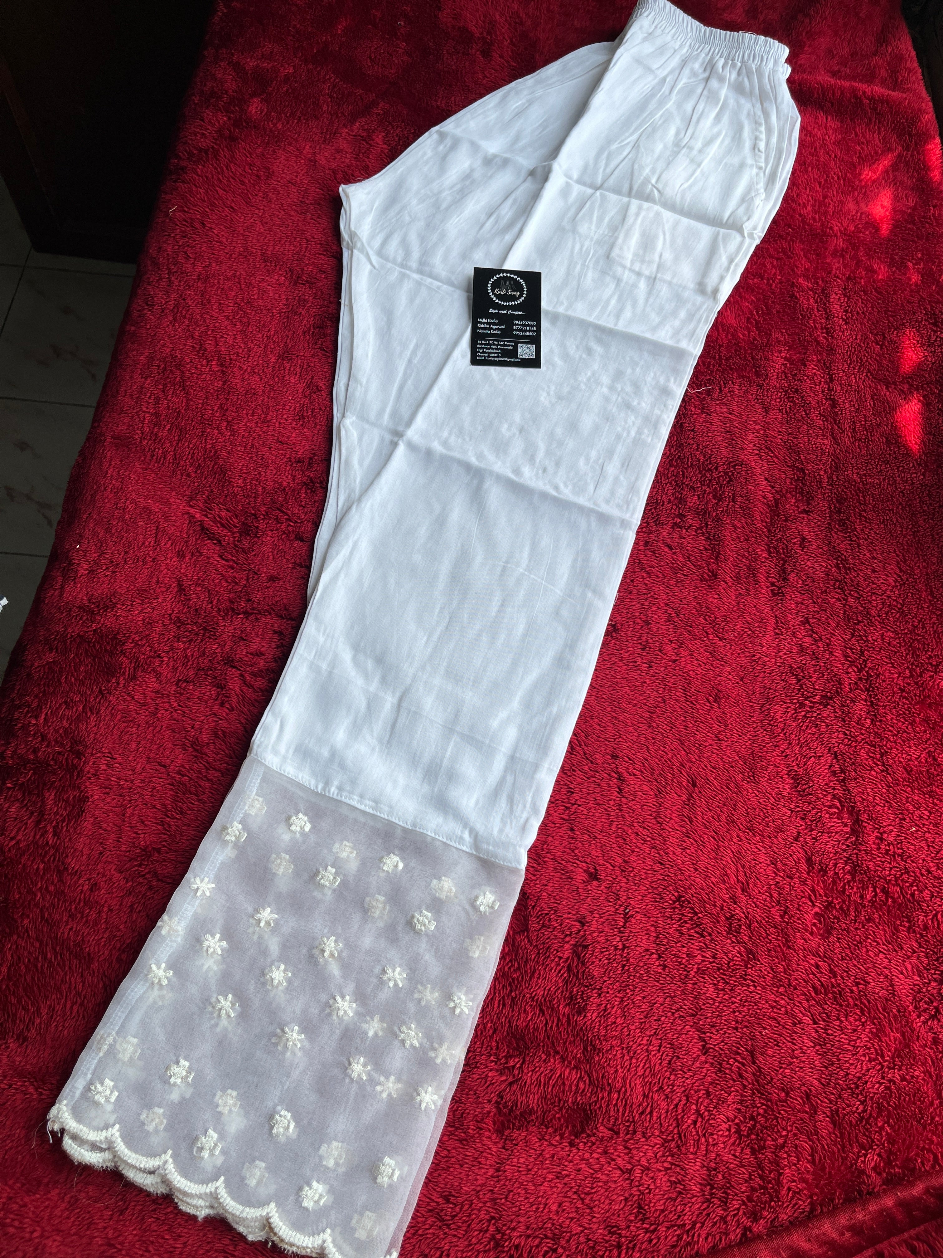 “SHREYA” White Pants With Organza Detailing ✨💕 | KurtiSwag