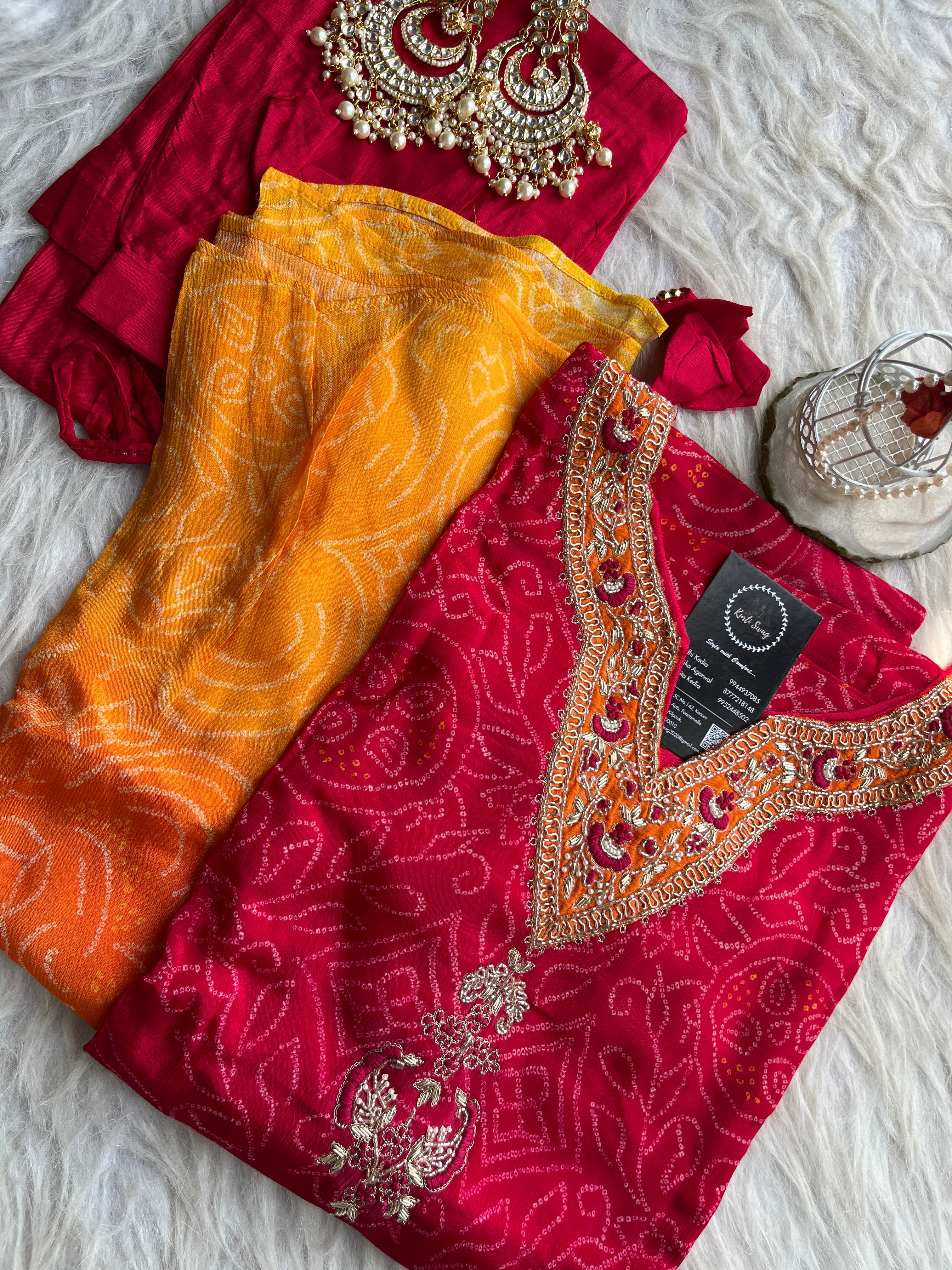 “MEERA” Premium Bandhni Chinnon Ombre Kaftan With Pants ✨❤️💕 | KurtiSwag