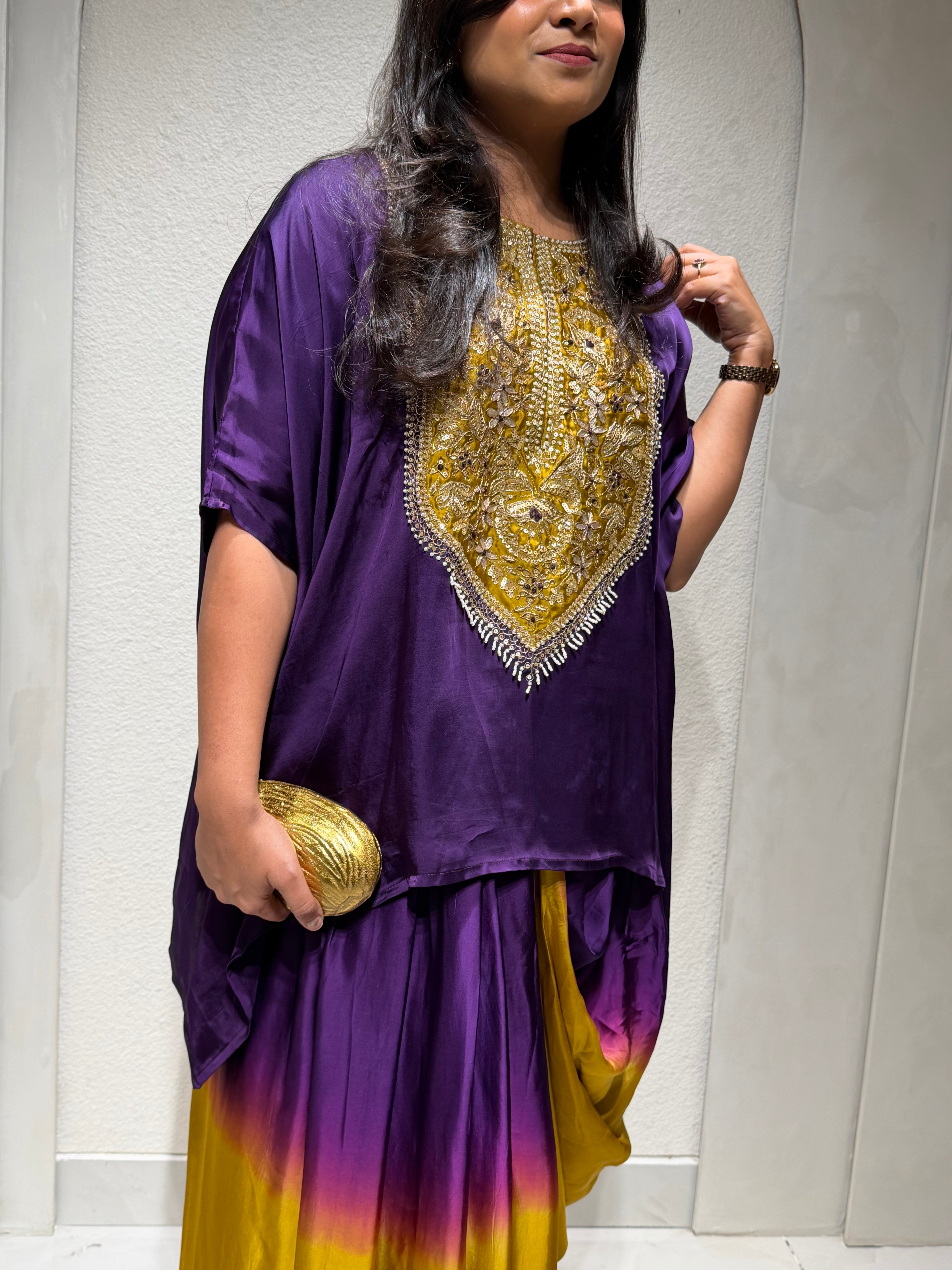 “PAARUL” Premium Festive Handwork Top With Cowl Drape Shaded Skirt - Indowestern 💕✨ | KurtiSwag