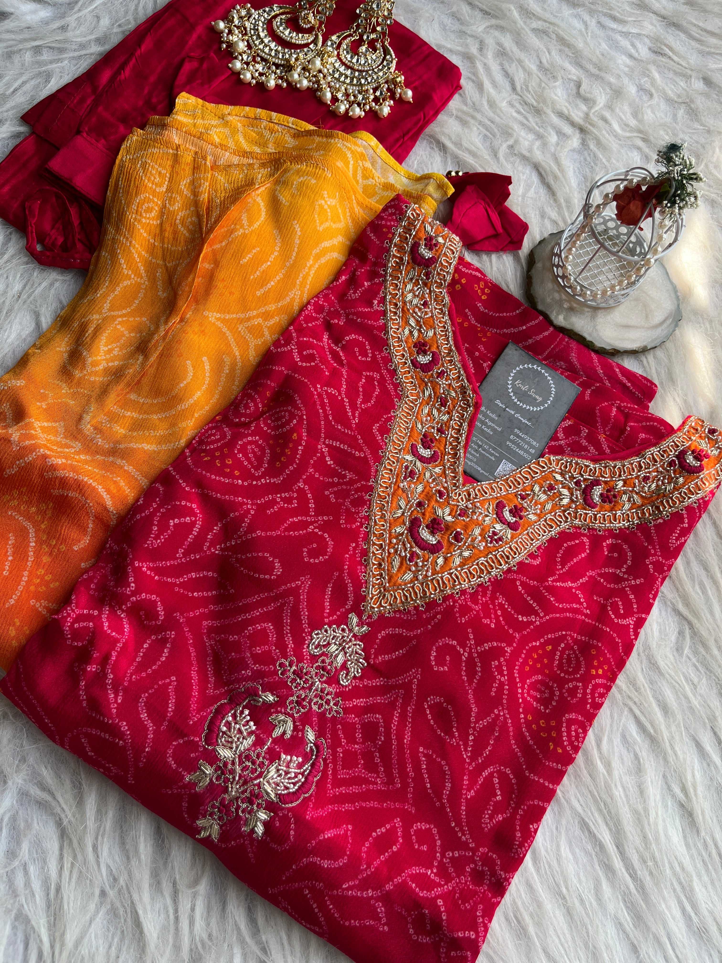 “MEERA” Premium Bandhni Chinnon Ombre Kaftan With Pants ✨❤️💕 | KurtiSwag