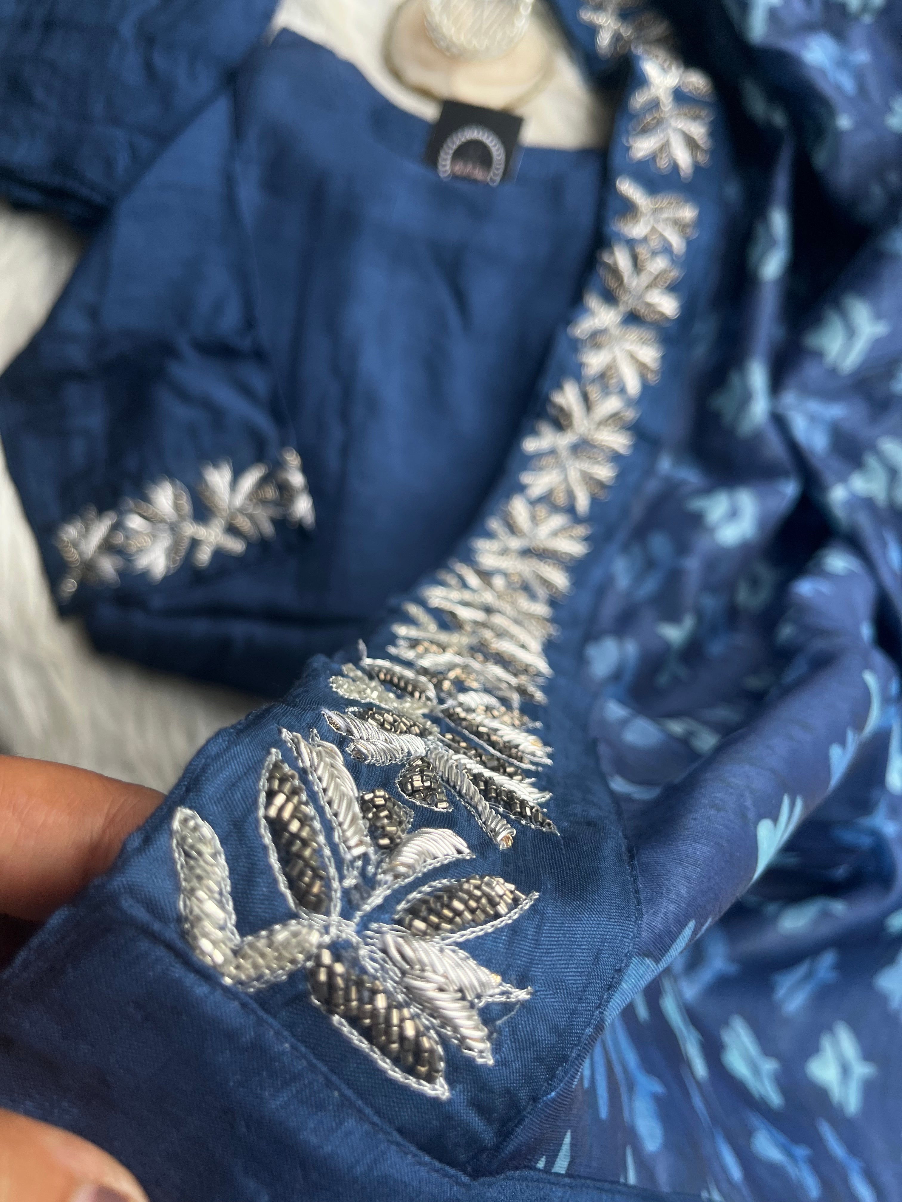 “NIGHTINGALE” Dola Silk Kurta With Drape Jacket And Plazzo Pants | KurtiSwag