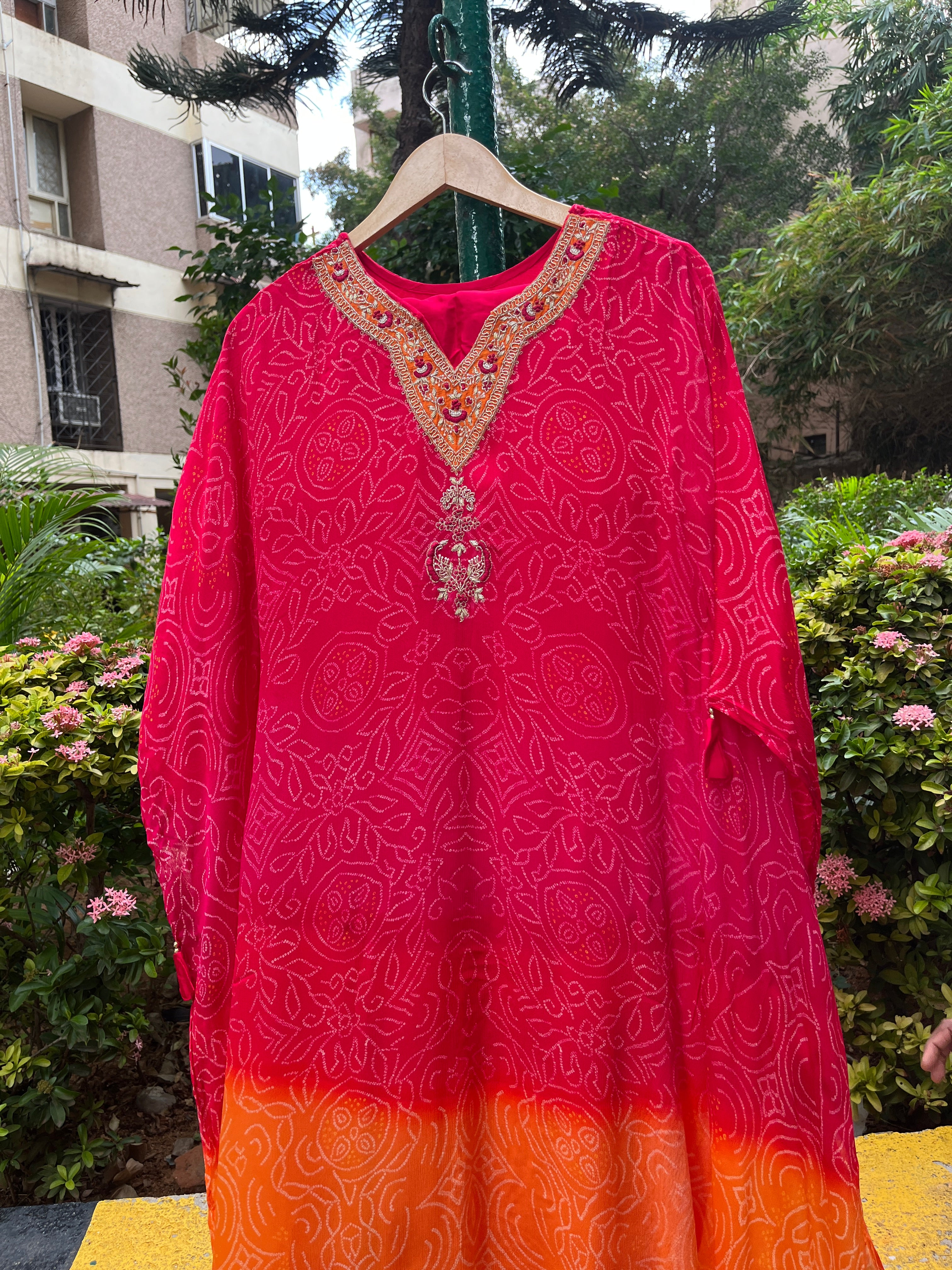 “MEERA” Premium Bandhni Chinnon Ombre Kaftan With Pants ✨❤️💕 | KurtiSwag
