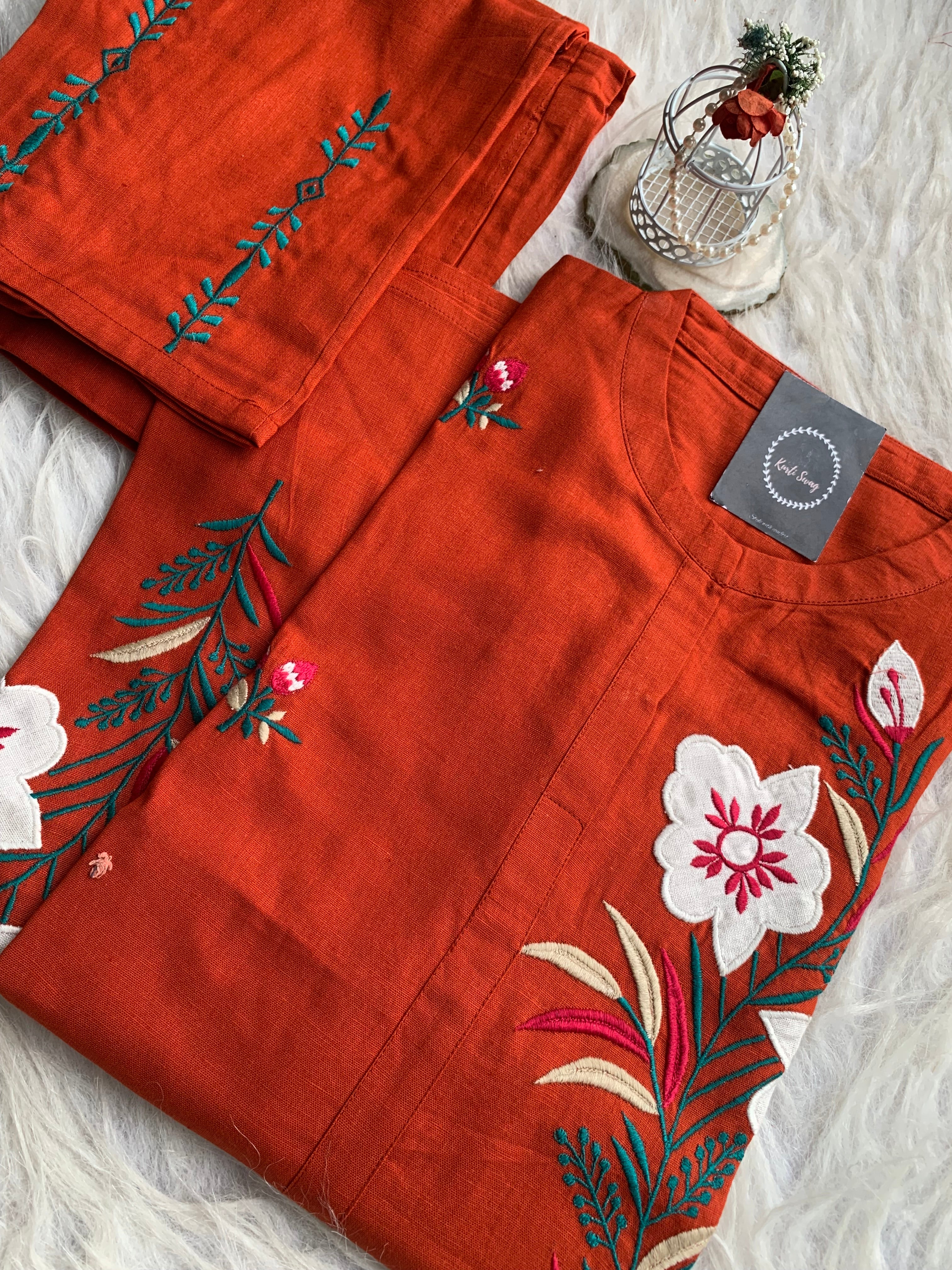 “SIMRAN “ Cotton Straight Kurta With Beautiful Appliqué and Thread Embroidery | KurtiSwag