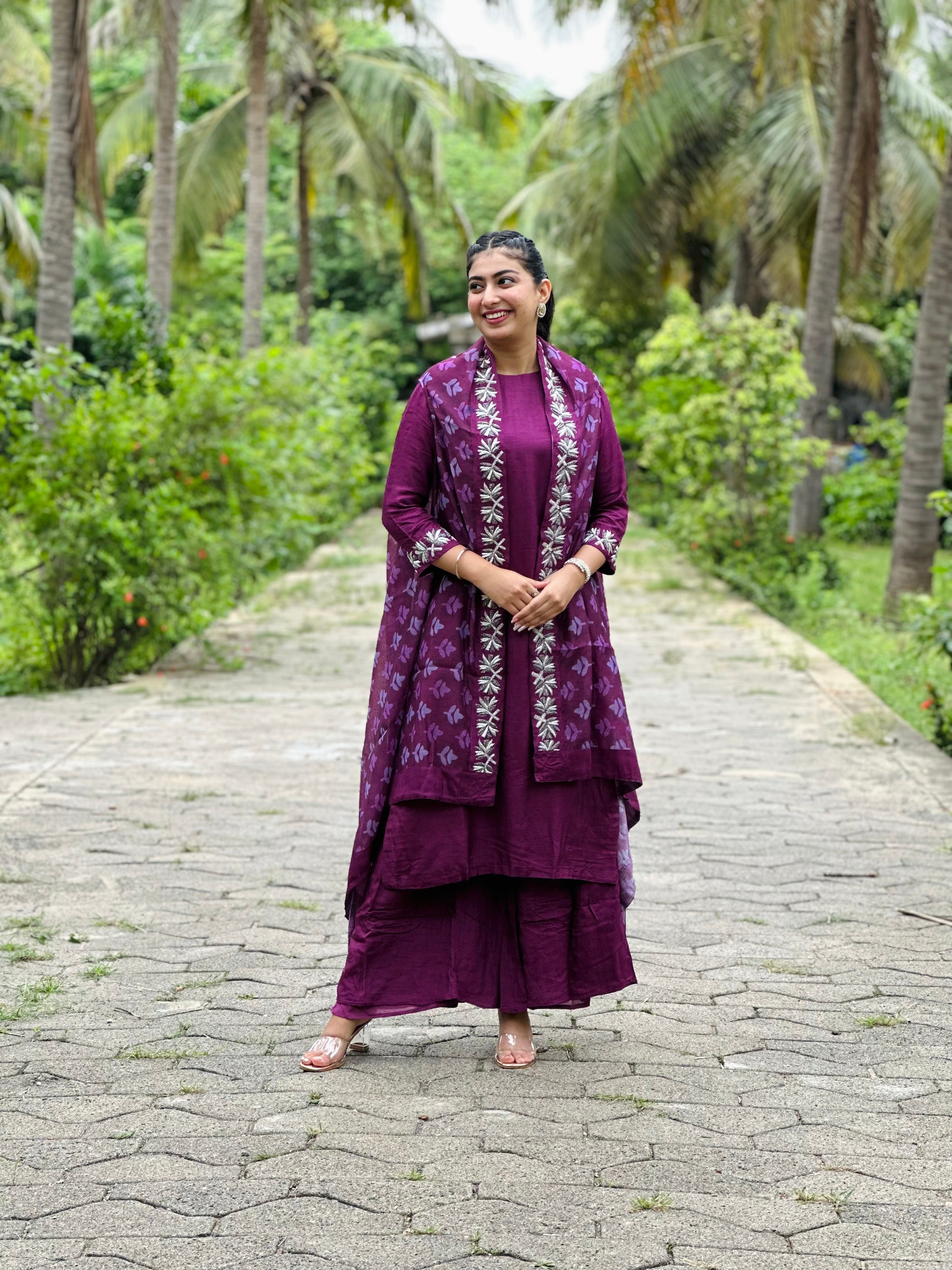 “NIGHTINGALE” Dola Silk Kurta With Drape Jacket And Plazzo Pants | KurtiSwag