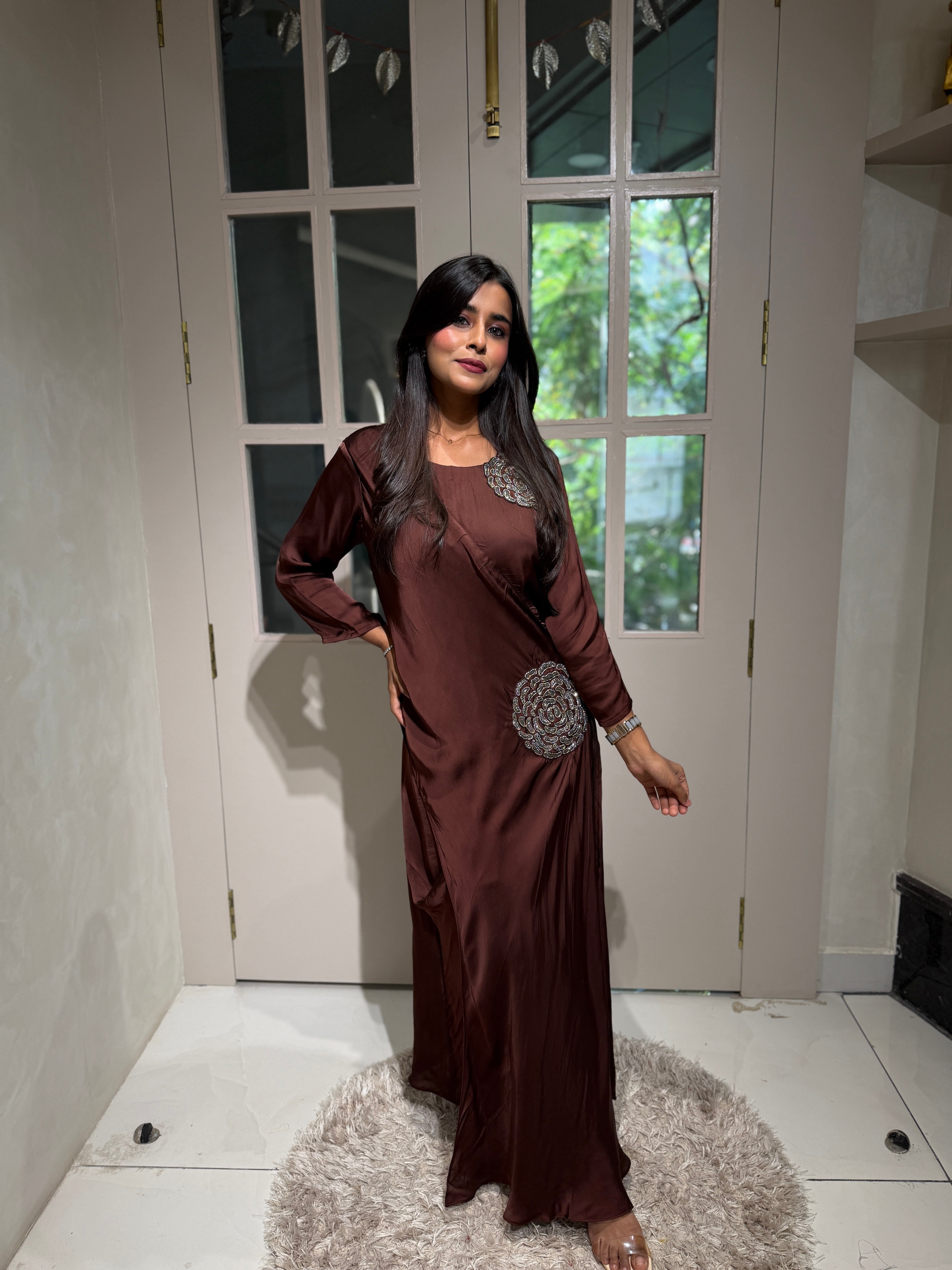 “ROSES” Indowestern Dress In Brown ✨ | KurtiSwag