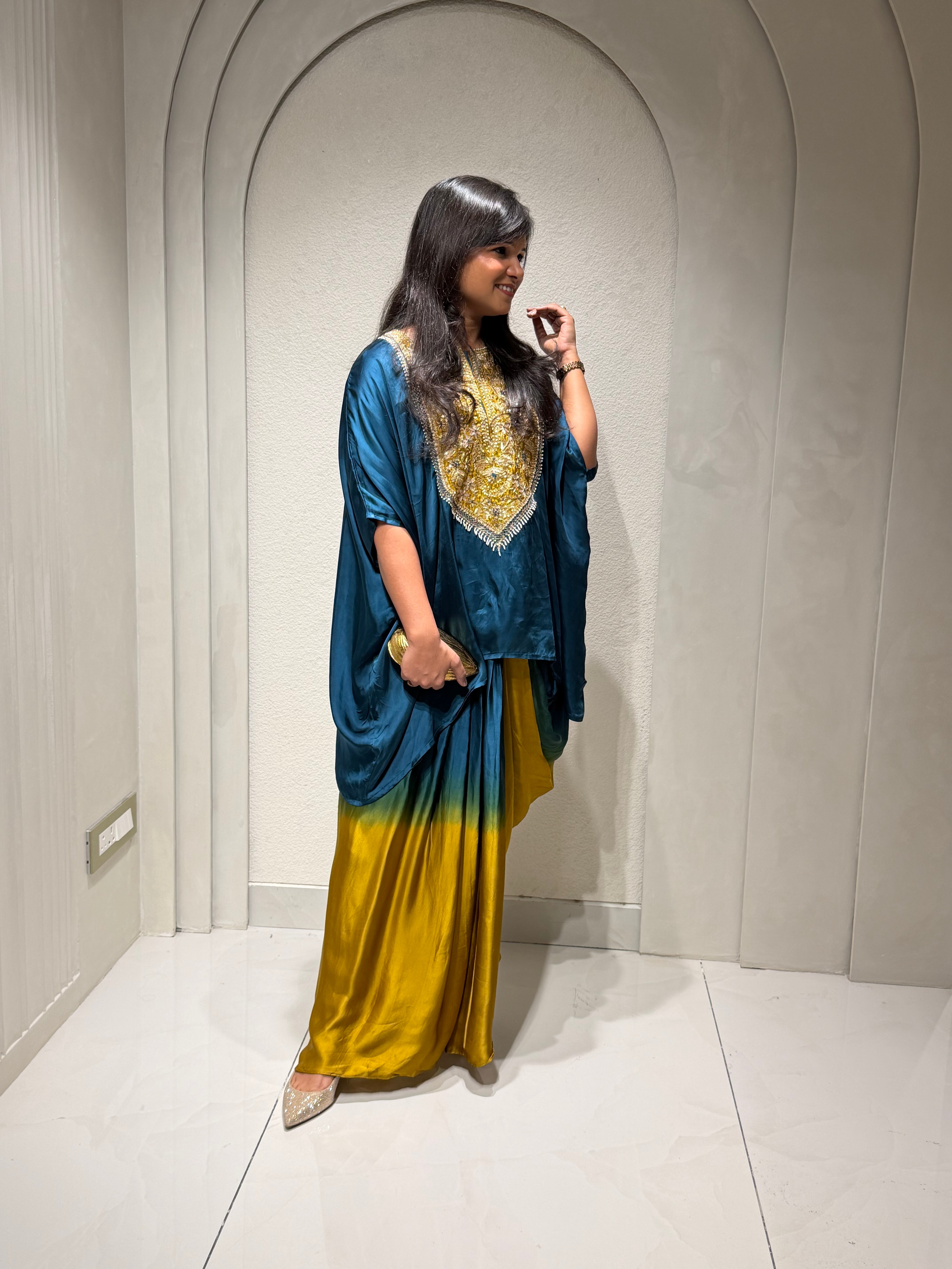 “PAARUL” Premium Festive Handwork Top With Cowl Drape Shaded Skirt - Indowestern 💕✨ | KurtiSwag