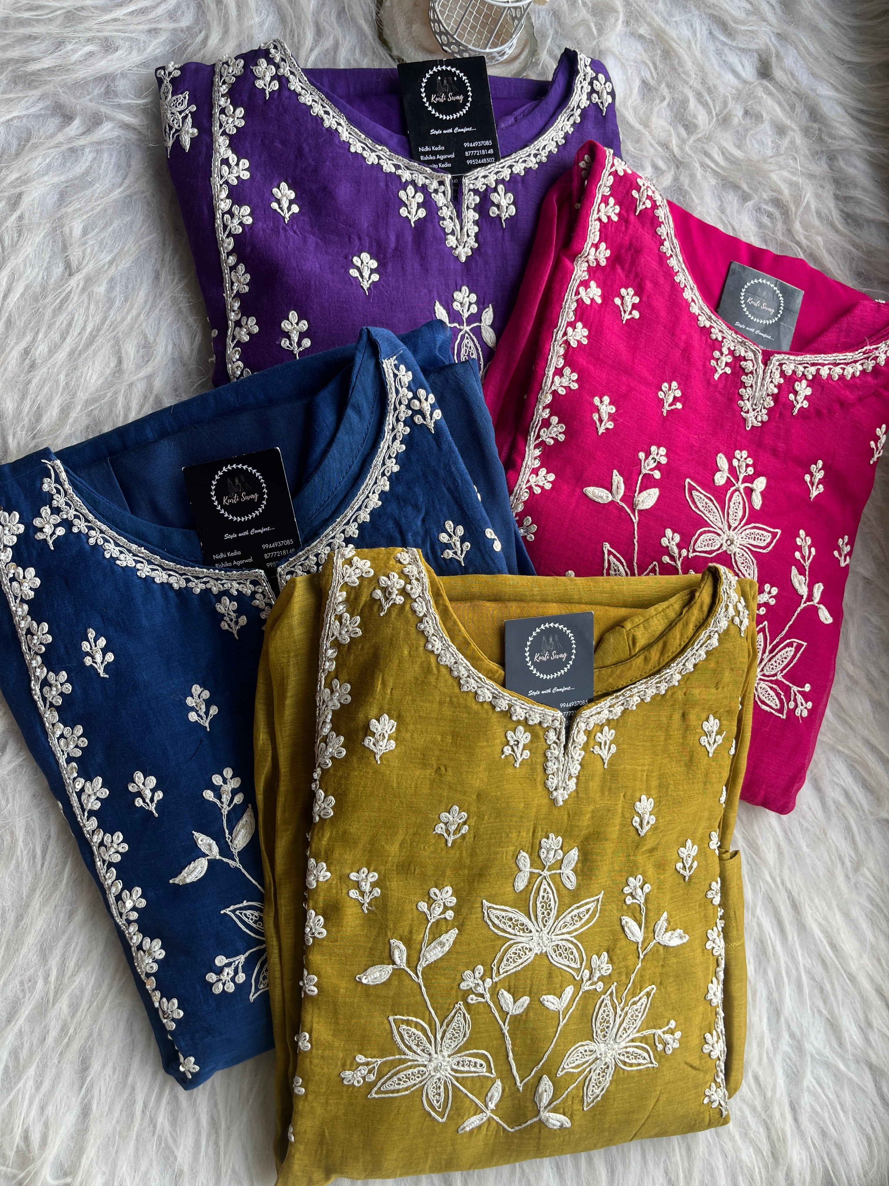 “VAANI” Premium Mul Chanderi Thread Work A Line Kurta Pant Set 💕✨ | KurtiSwag