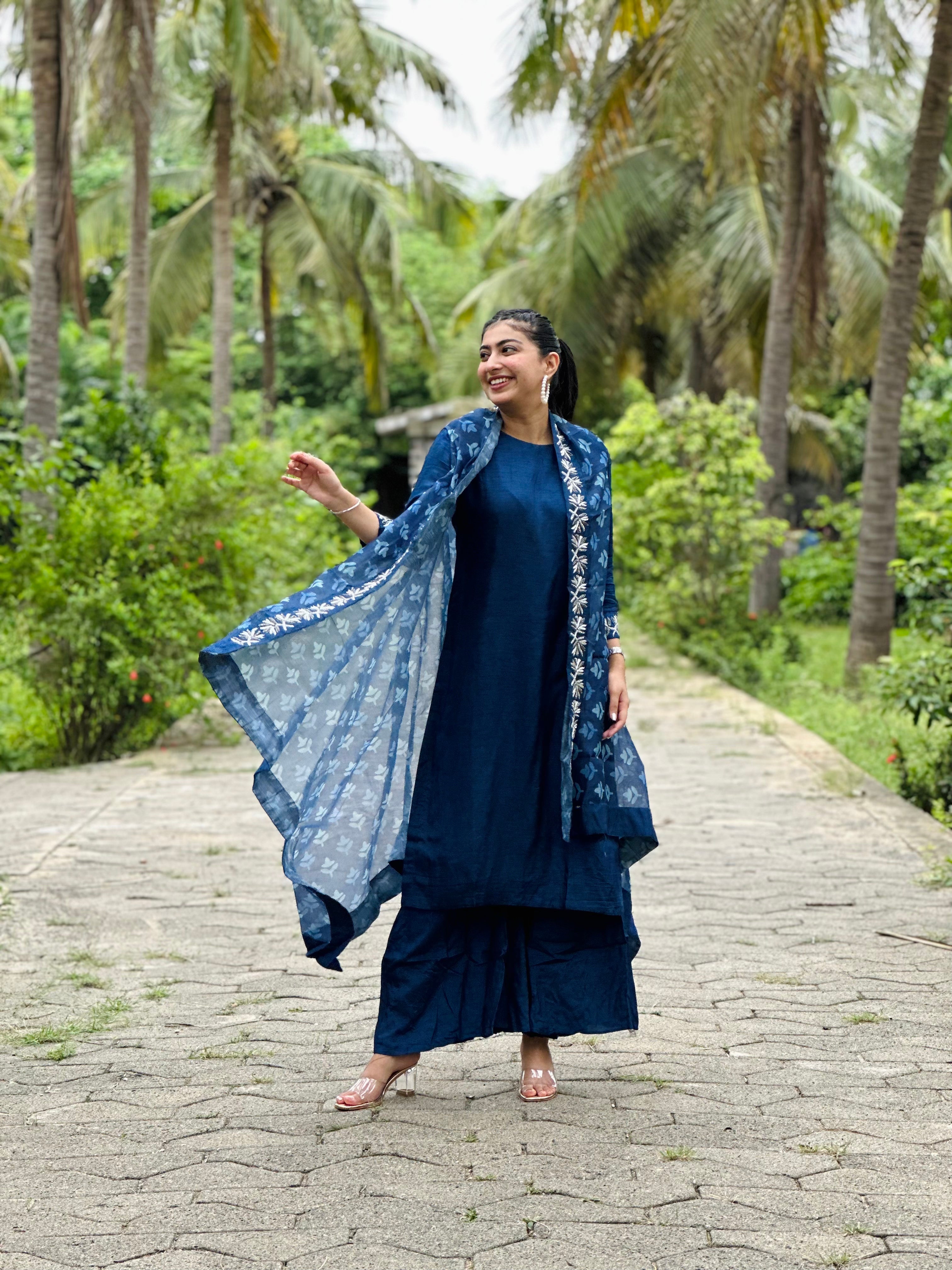 “NIGHTINGALE” Dola Silk Kurta With Drape Jacket And Plazzo Pants | KurtiSwag
