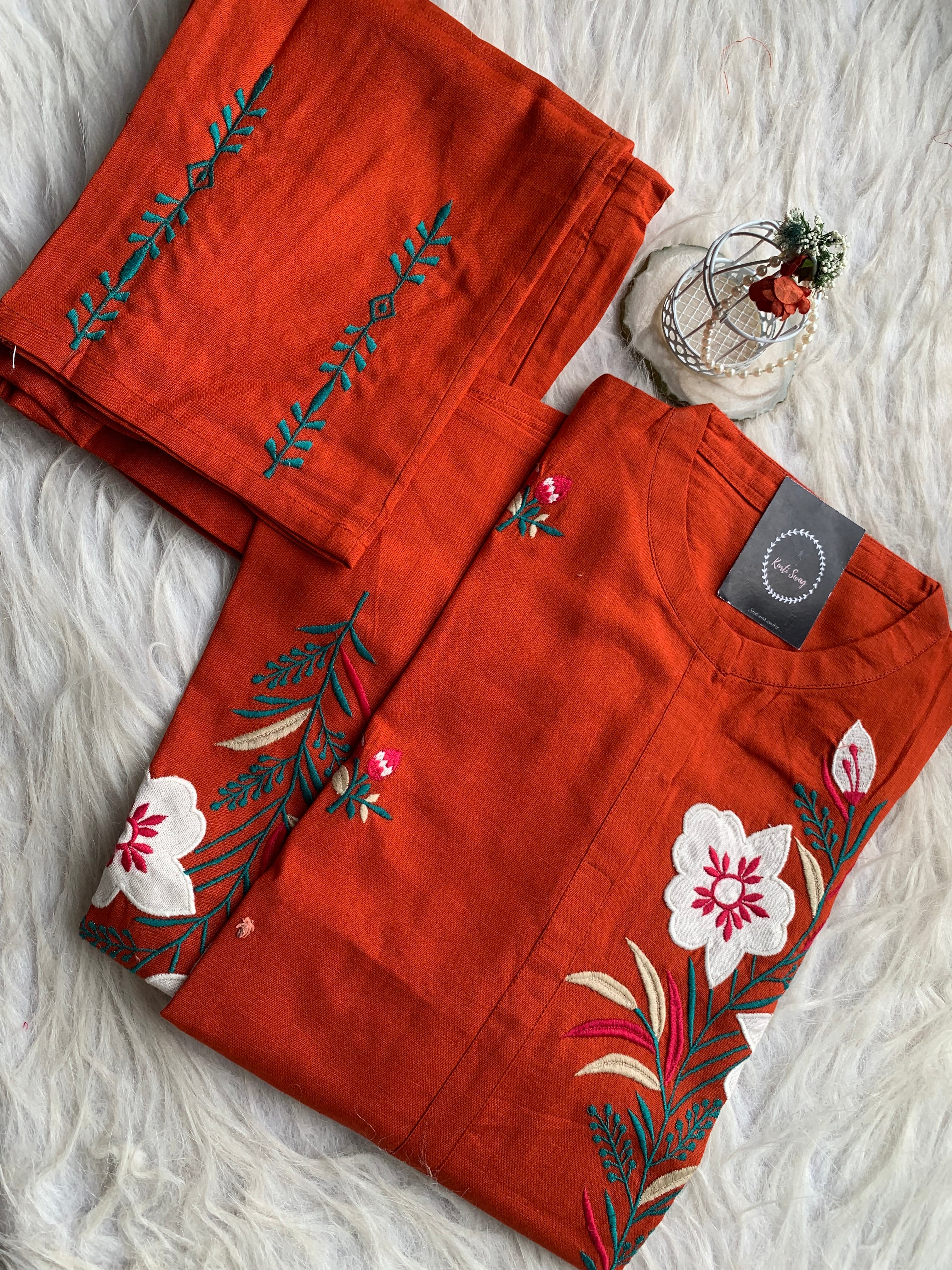 “SIMRAN “ Cotton Straight Kurta With Beautiful Appliqué and Thread Embroidery | KurtiSwag
