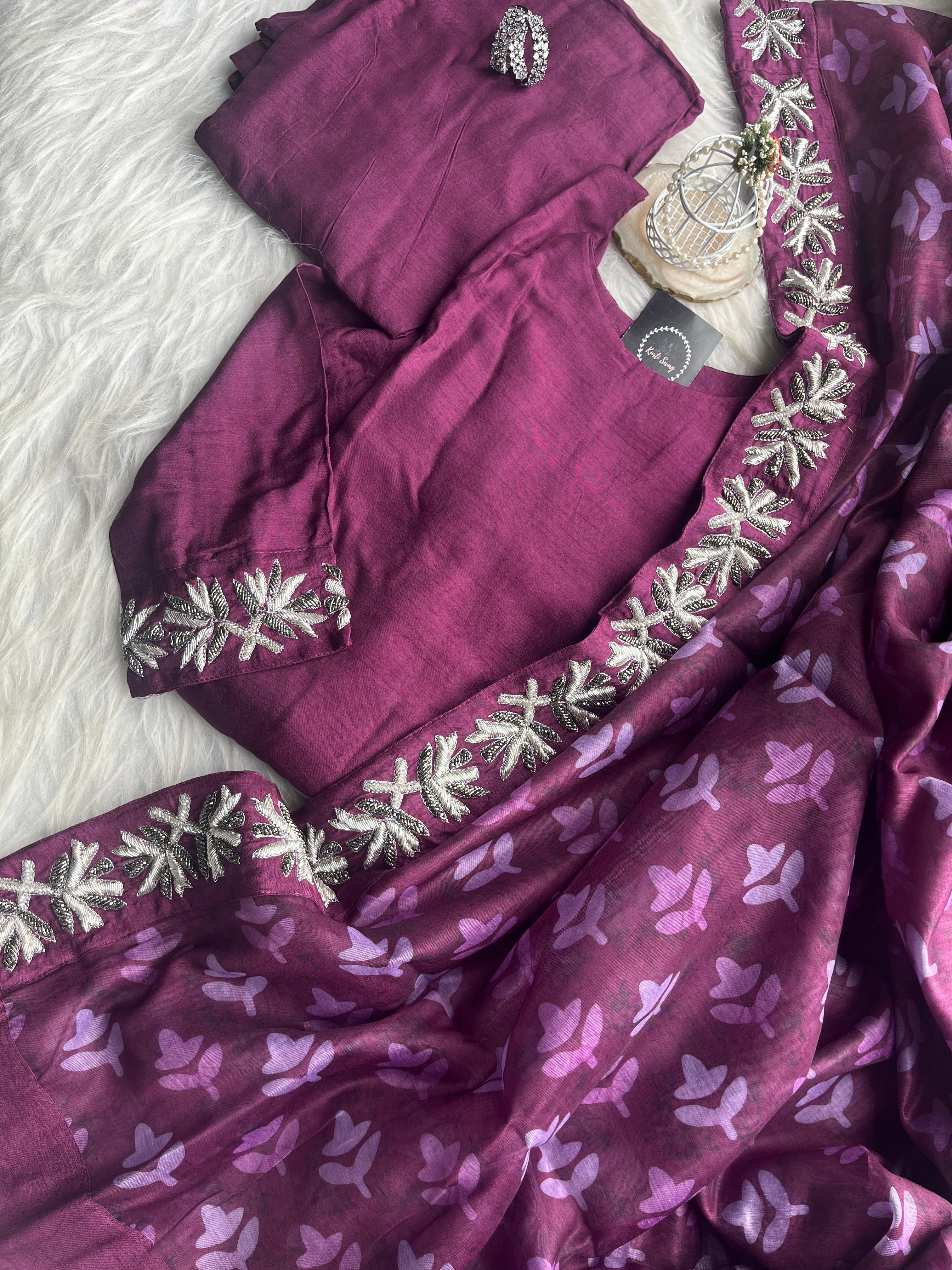 “NIGHTINGALE” Dola Silk Kurta With Drape Jacket And Plazzo Pants | KurtiSwag