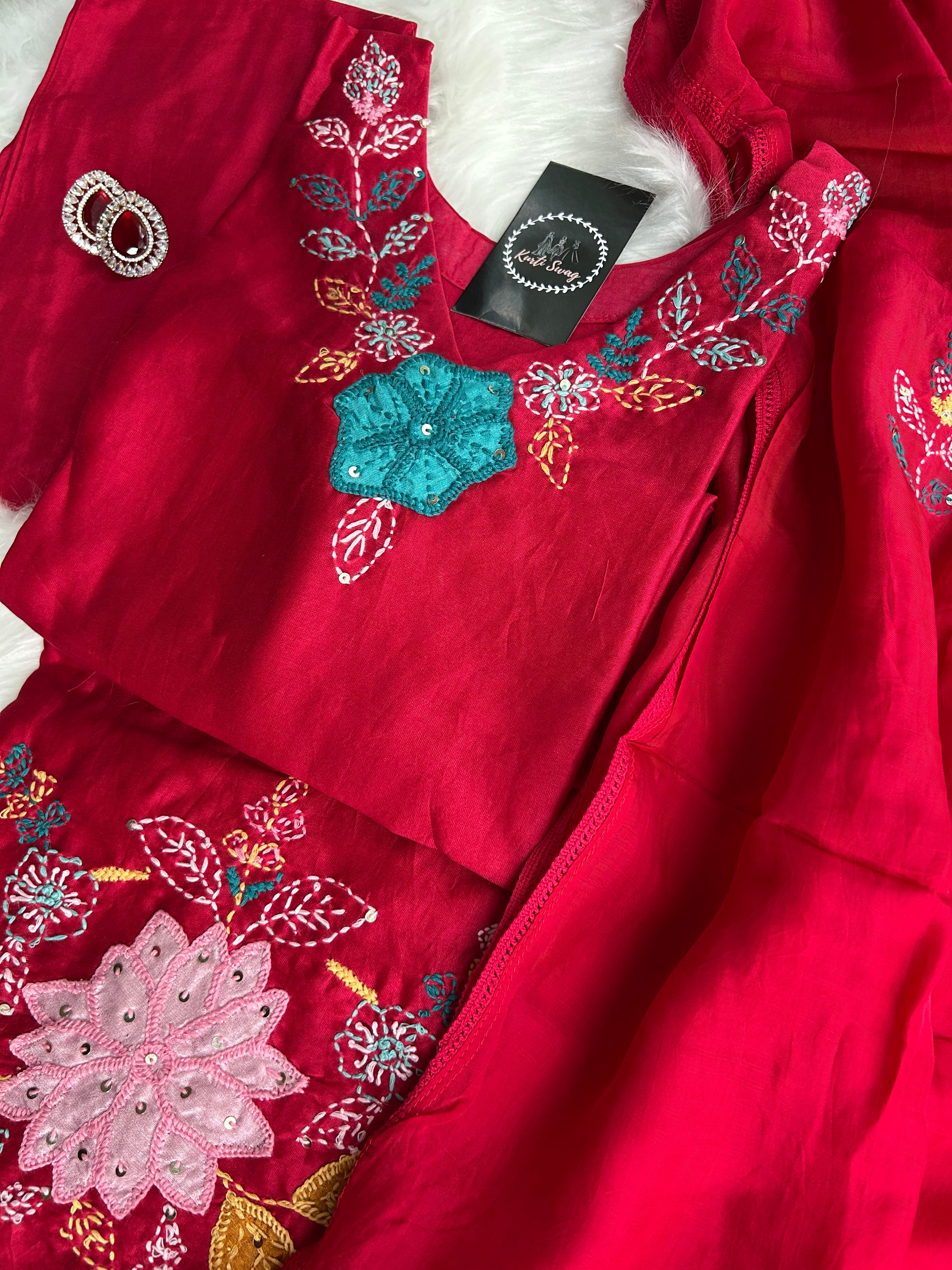 “RUHANI BLOSSOM” Pure Chanderi Suit Set In Red ❤️ | KurtiSwag