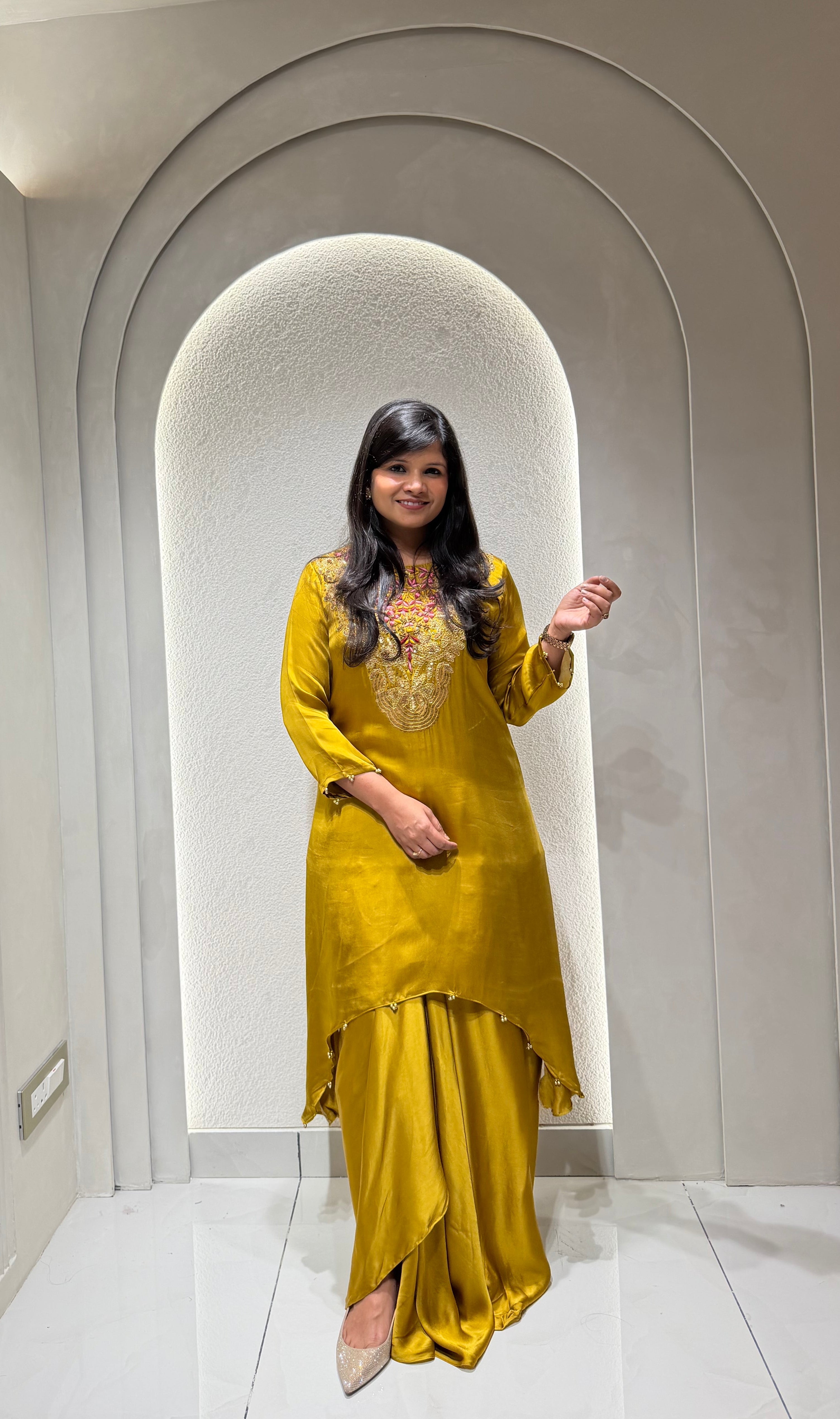 “JUHI” Premium Satin Handwork Top With Drape Skirt- Indowestern💜 | KurtiSwag