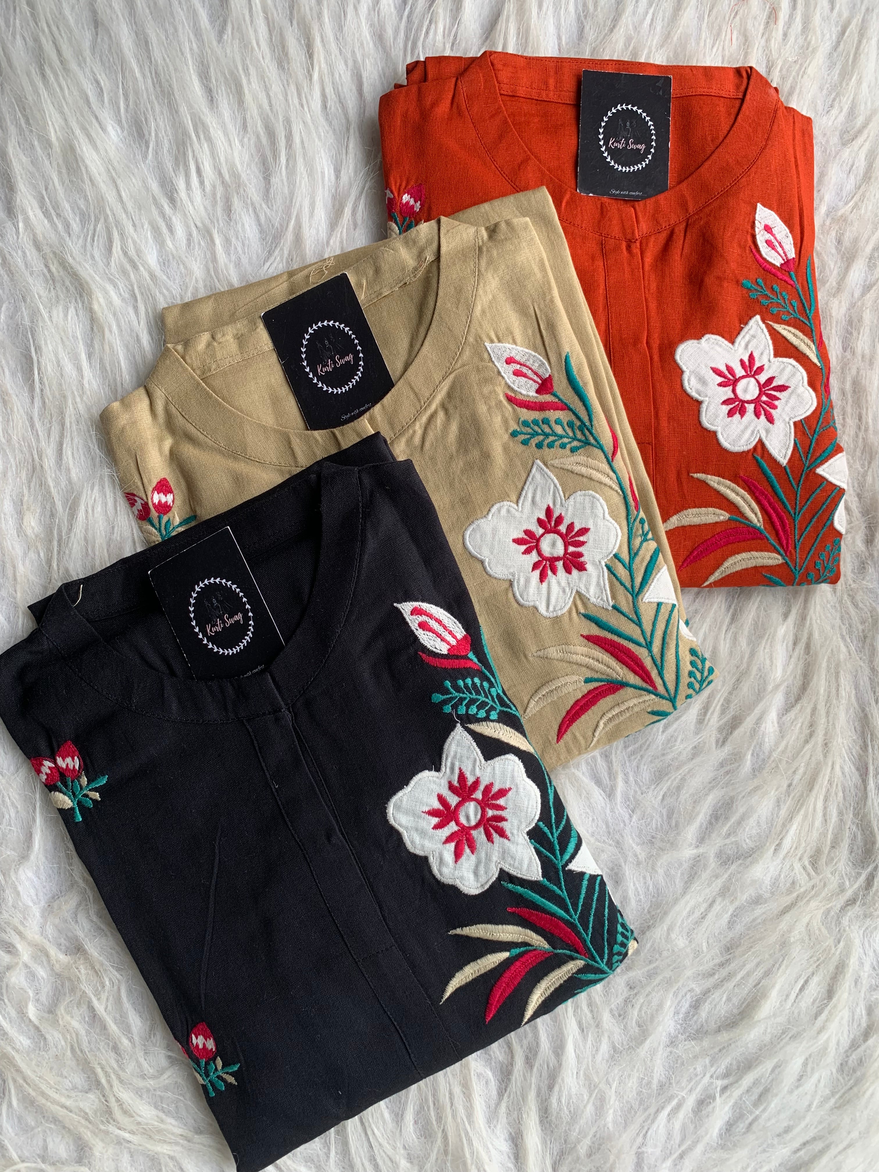 “SIMRAN “ Cotton Straight Kurta With Beautiful Appliqué and Thread Embroidery | KurtiSwag