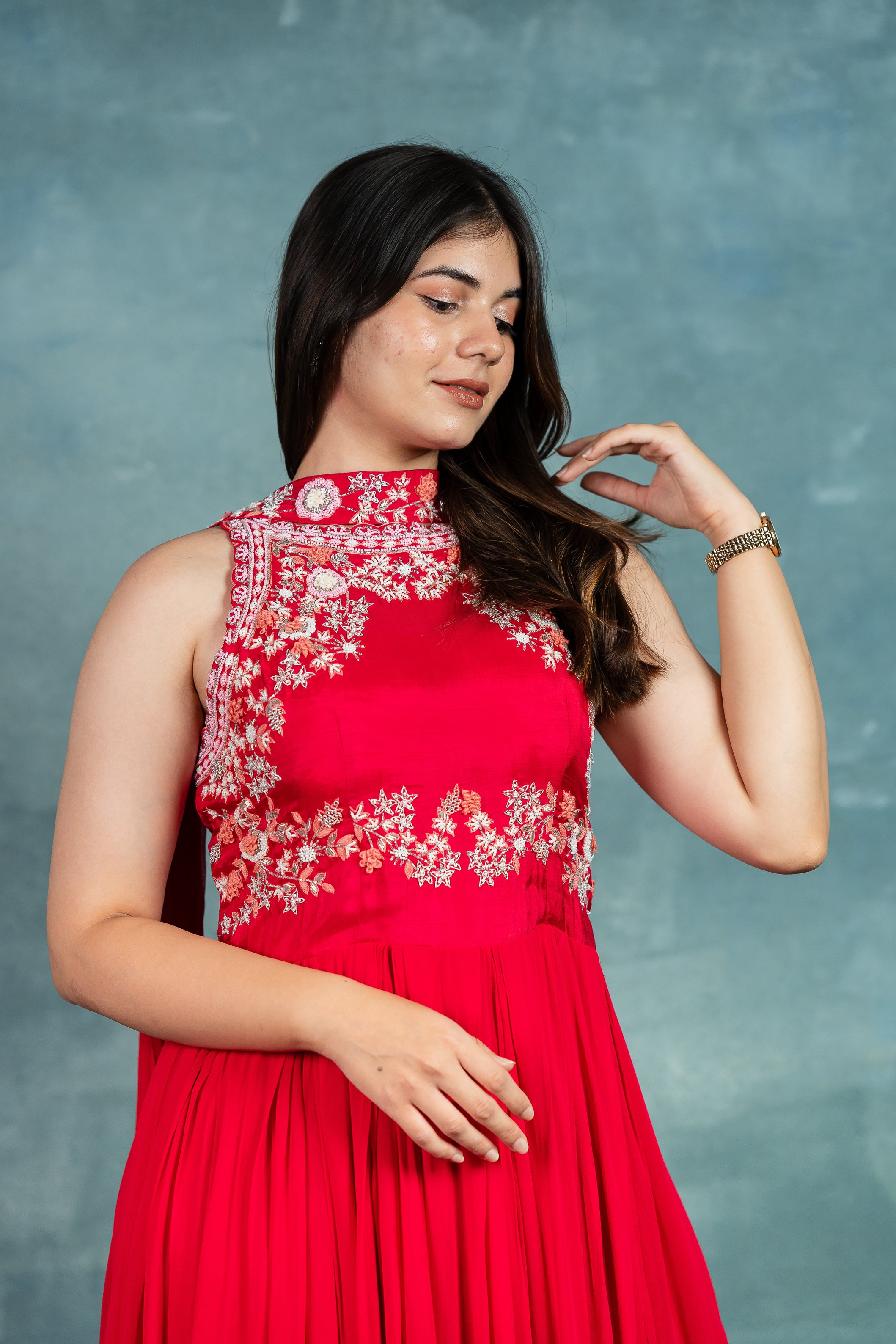 “ASLESHA” Premium Hand Embroidered Maxi Dress With Necklace Dupatta ❤️ | KurtiSwag