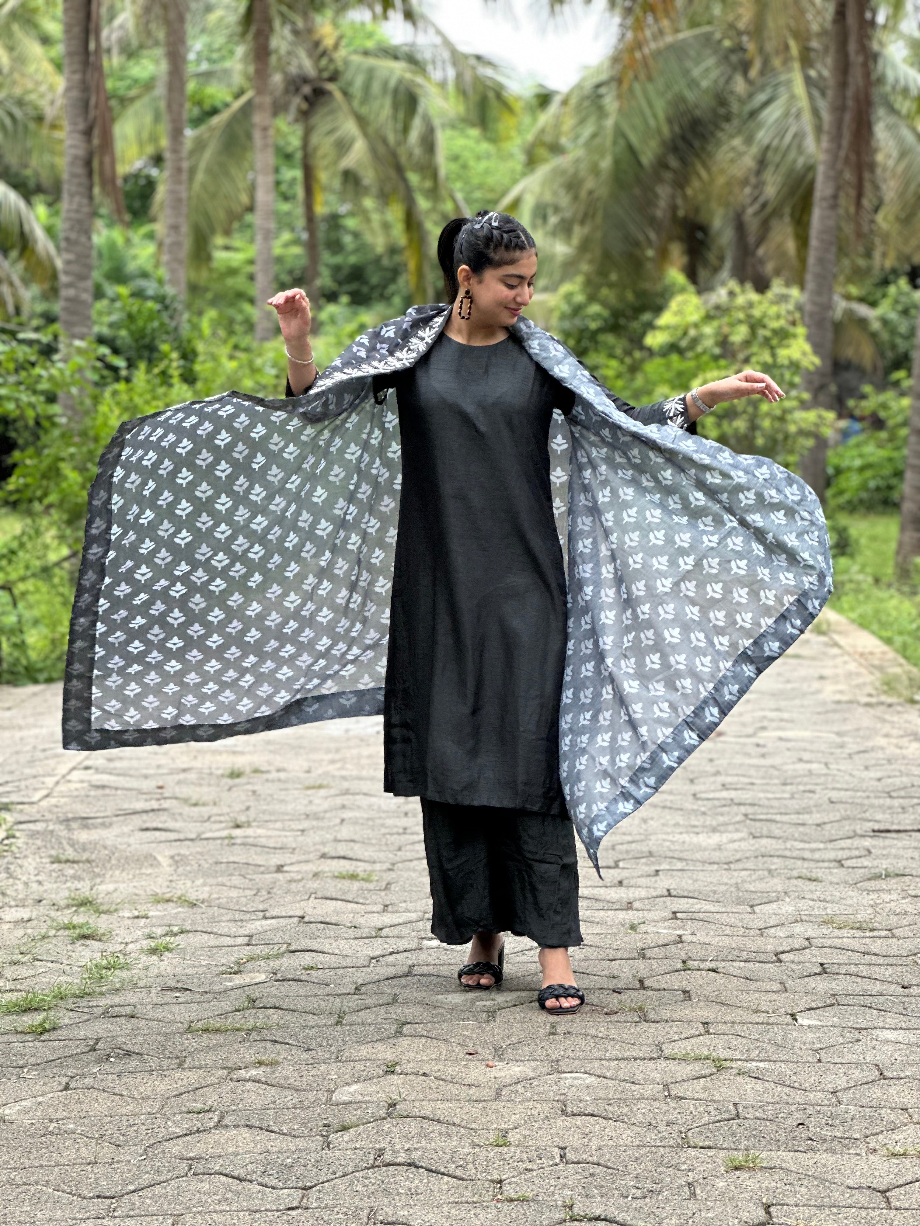 “NIGHTINGALE” Dola Silk Kurta With Drape Jacket And Plazzo Pants | KurtiSwag
