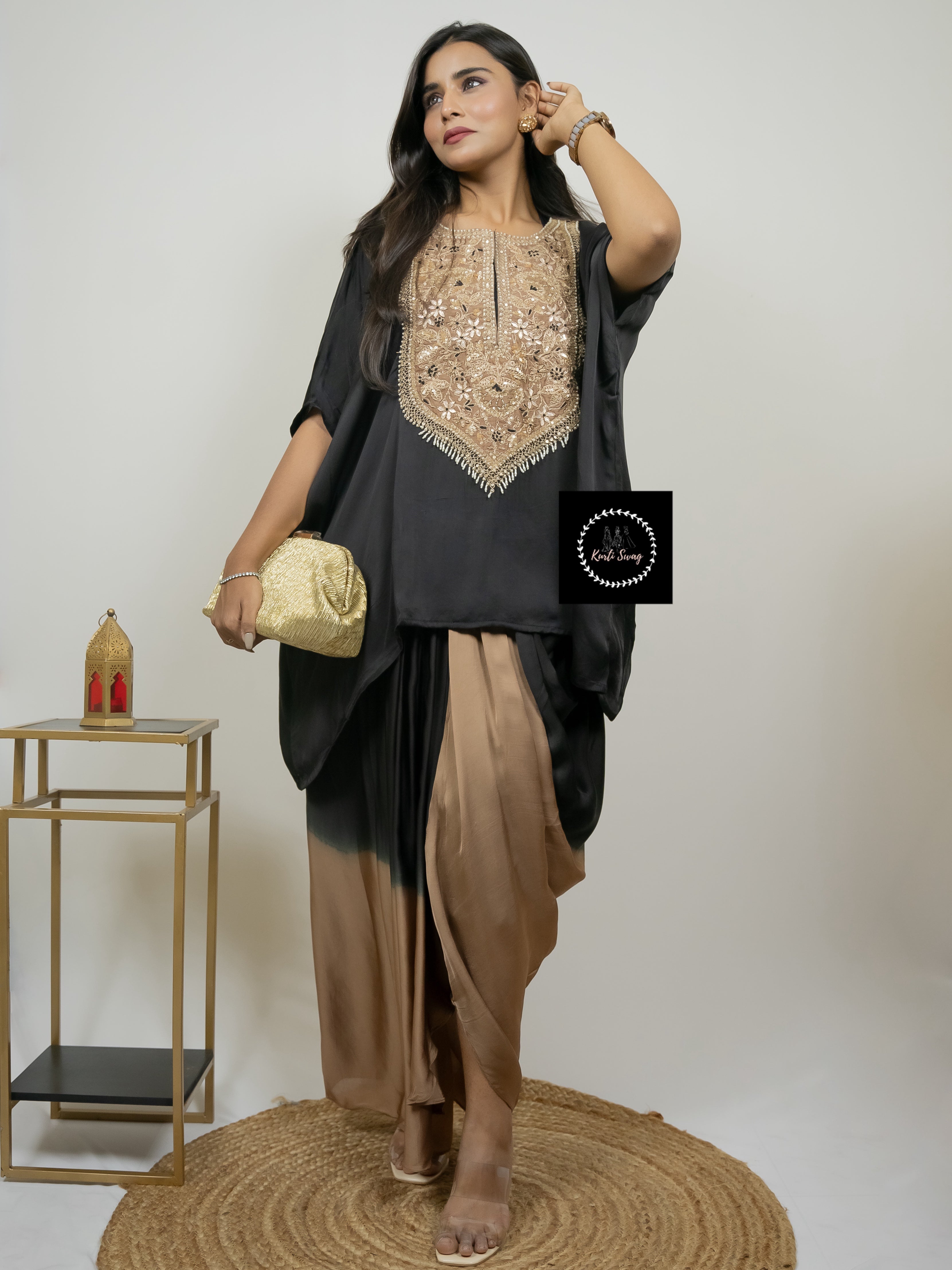 “PAARUL” Premium Festive Handwork Top With Cowl Drape Shaded Skirt - Indowestern 💕✨ | KurtiSwag