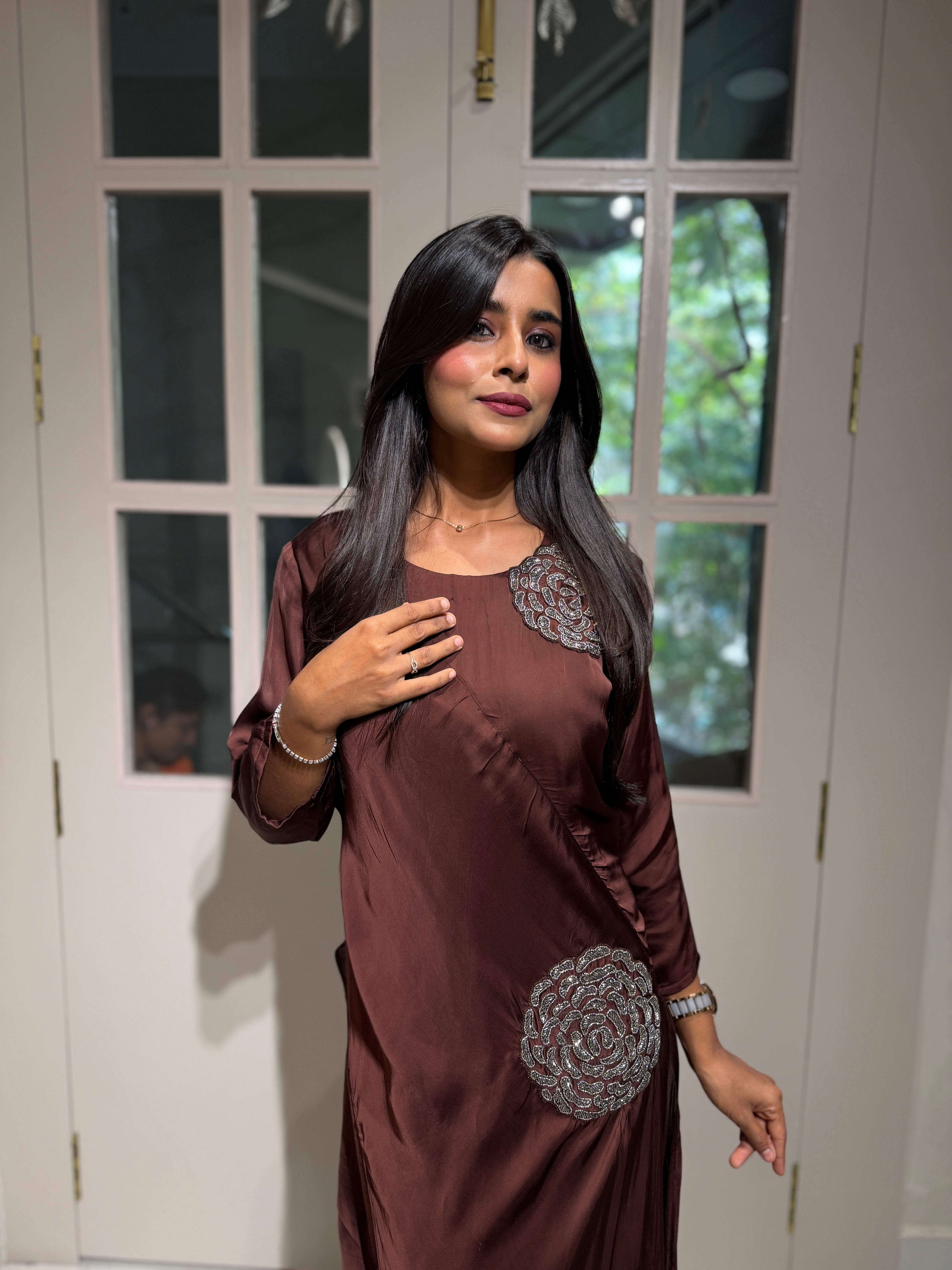 “ROSES” Indowestern Dress In Brown ✨ | KurtiSwag