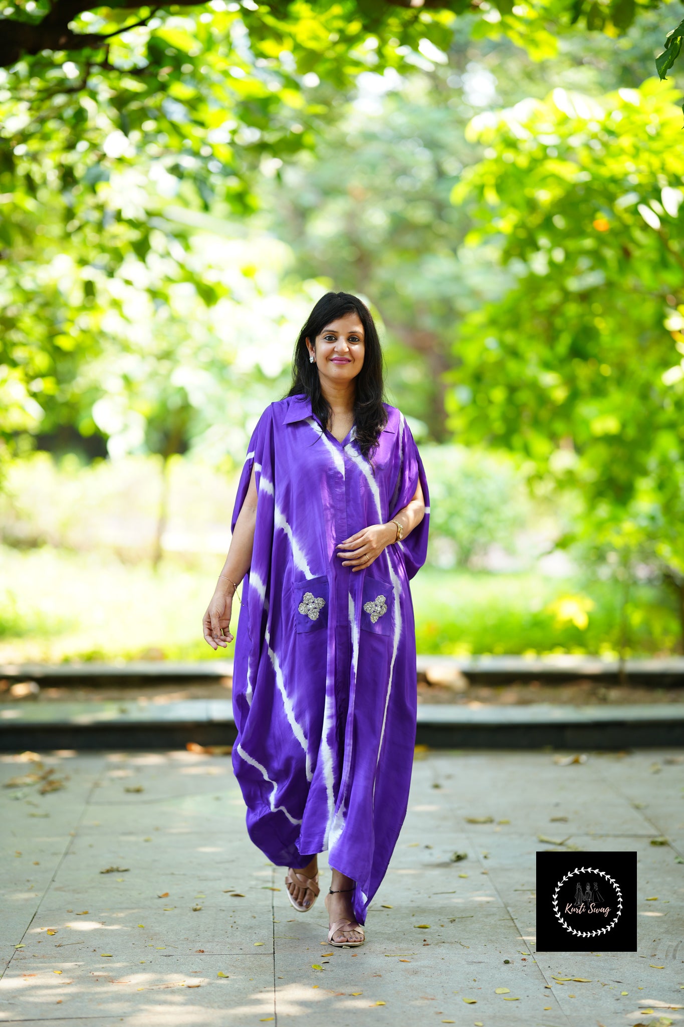 “ALIZEH” Tie And Dye Crepe Silk Kaftan Dress | KurtiSwag