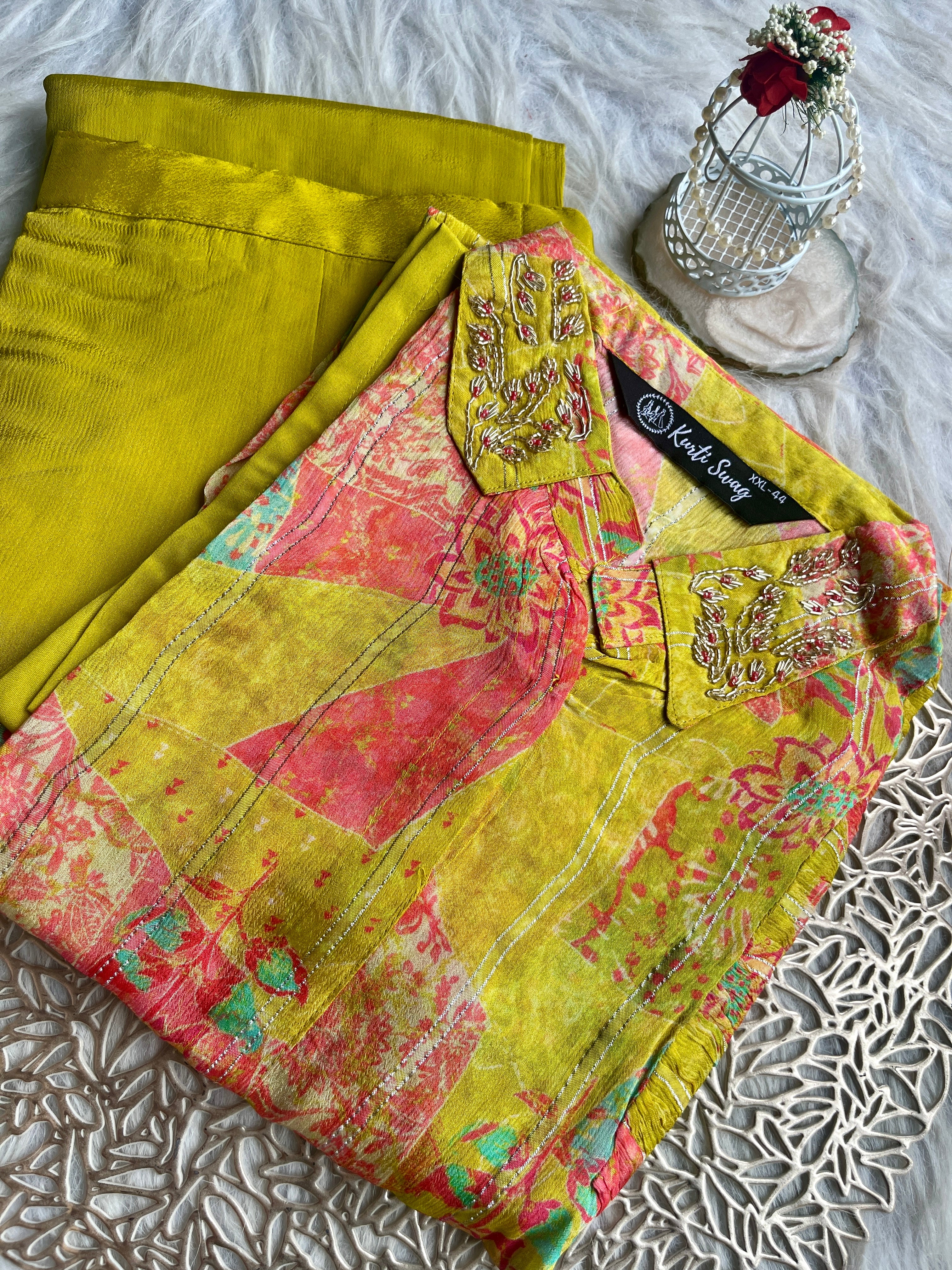 “ISHAANI” Premium Chinnon Coord Set With Designer Sleeves✨ | KurtiSwag