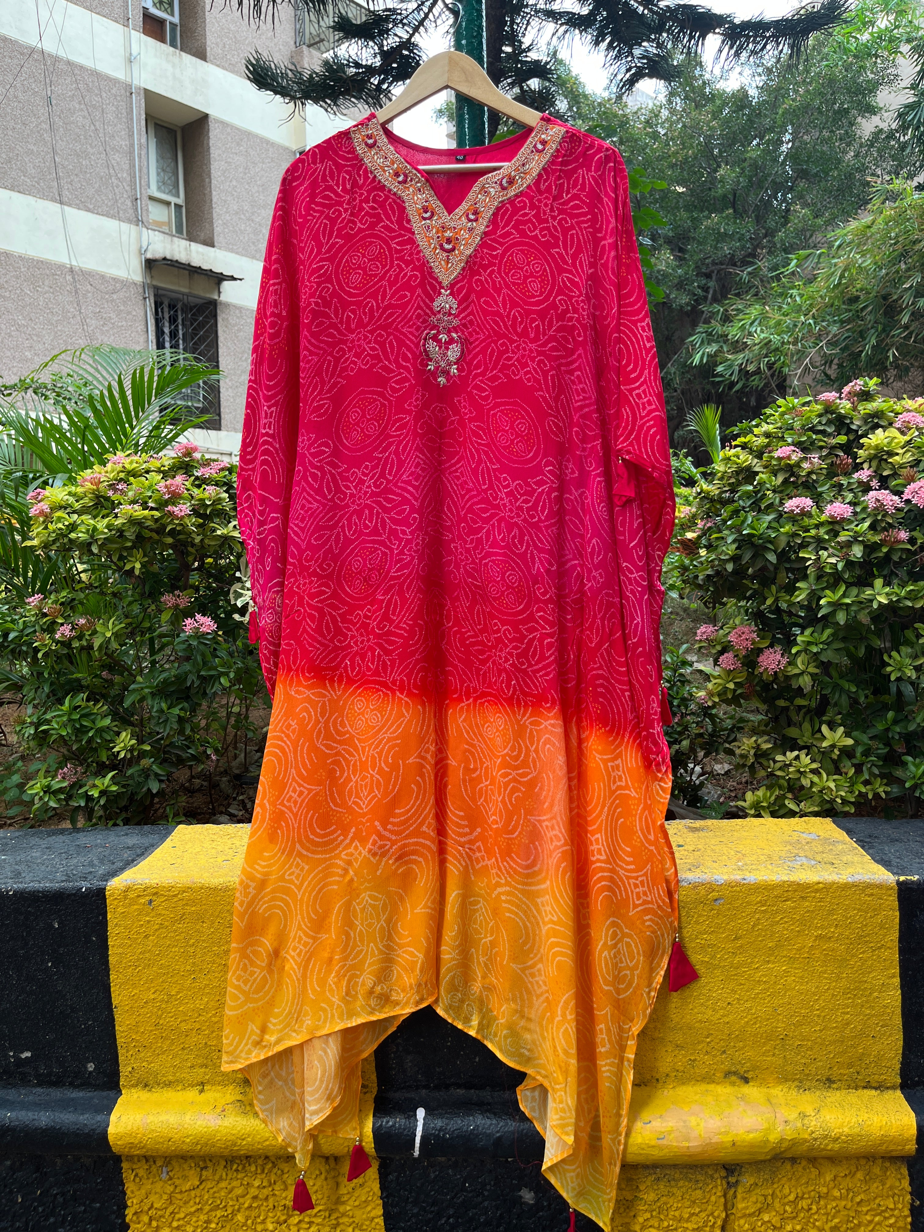 “MEERA” Premium Bandhni Chinnon Ombre Kaftan With Pants ✨❤️💕 | KurtiSwag