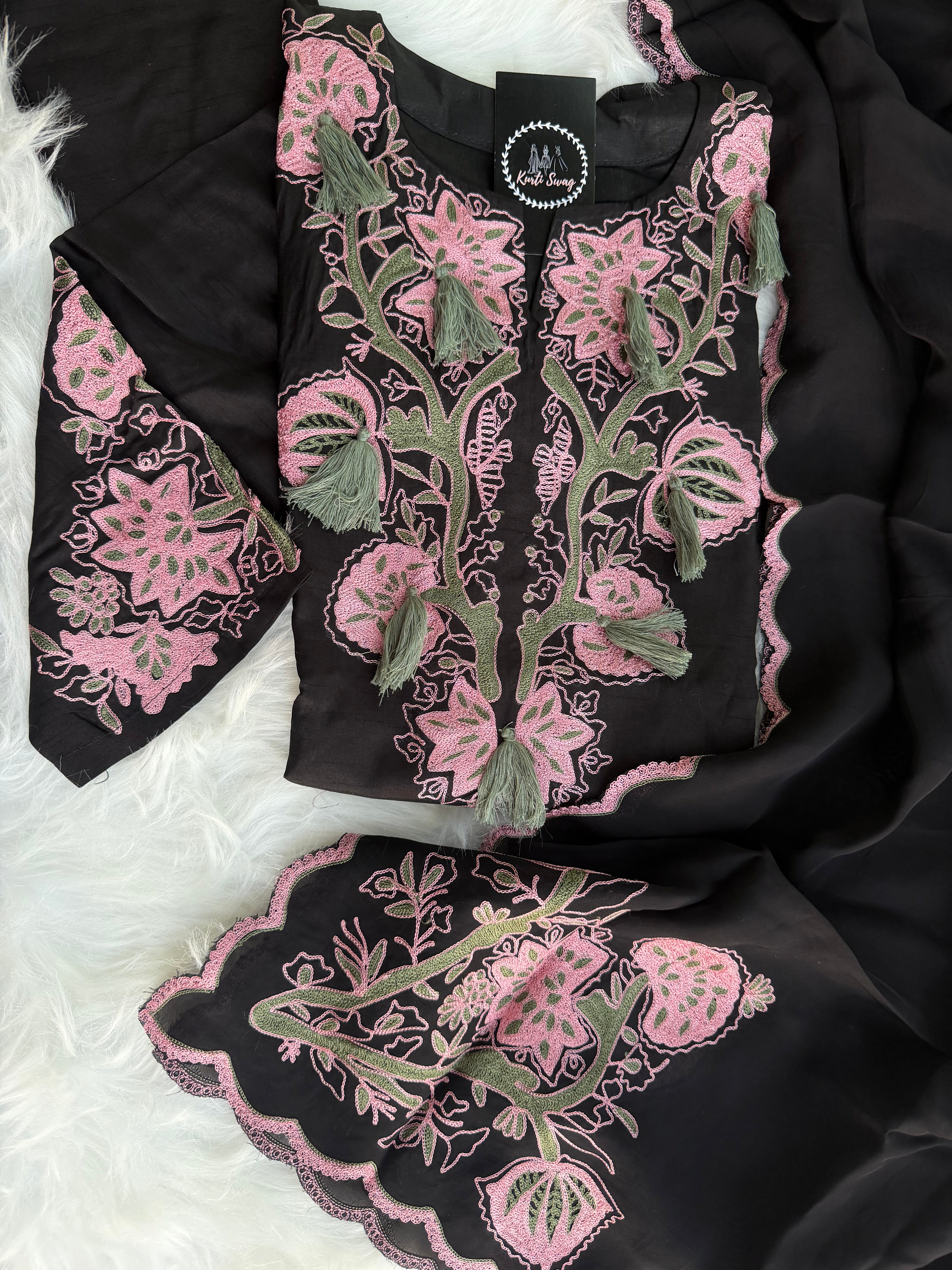 “BLUSH ON BLACK” Dola Silk Suit Set 💕✨ | KurtiSwag