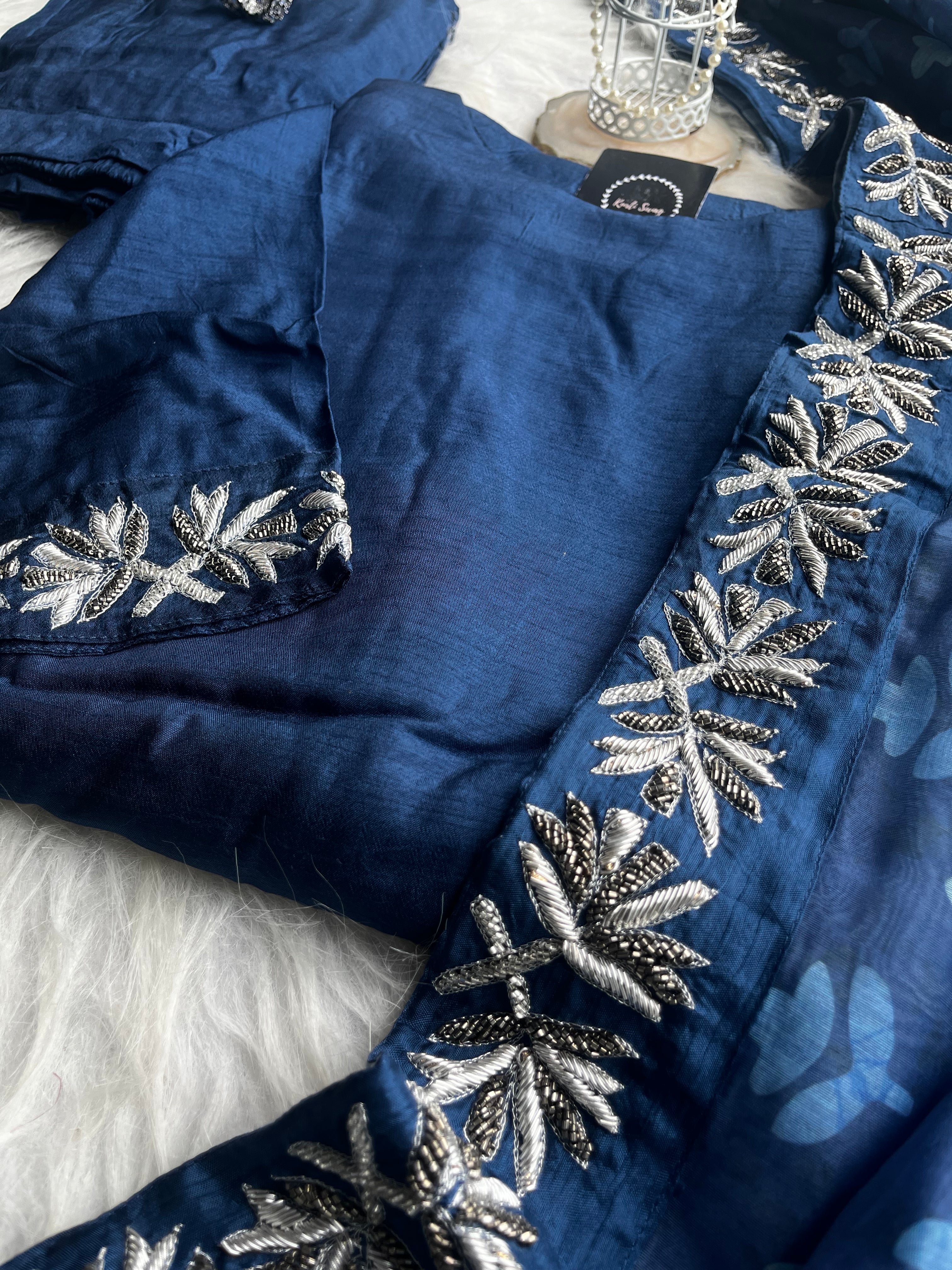 “NIGHTINGALE” Dola Silk Kurta With Drape Jacket And Plazzo Pants | KurtiSwag