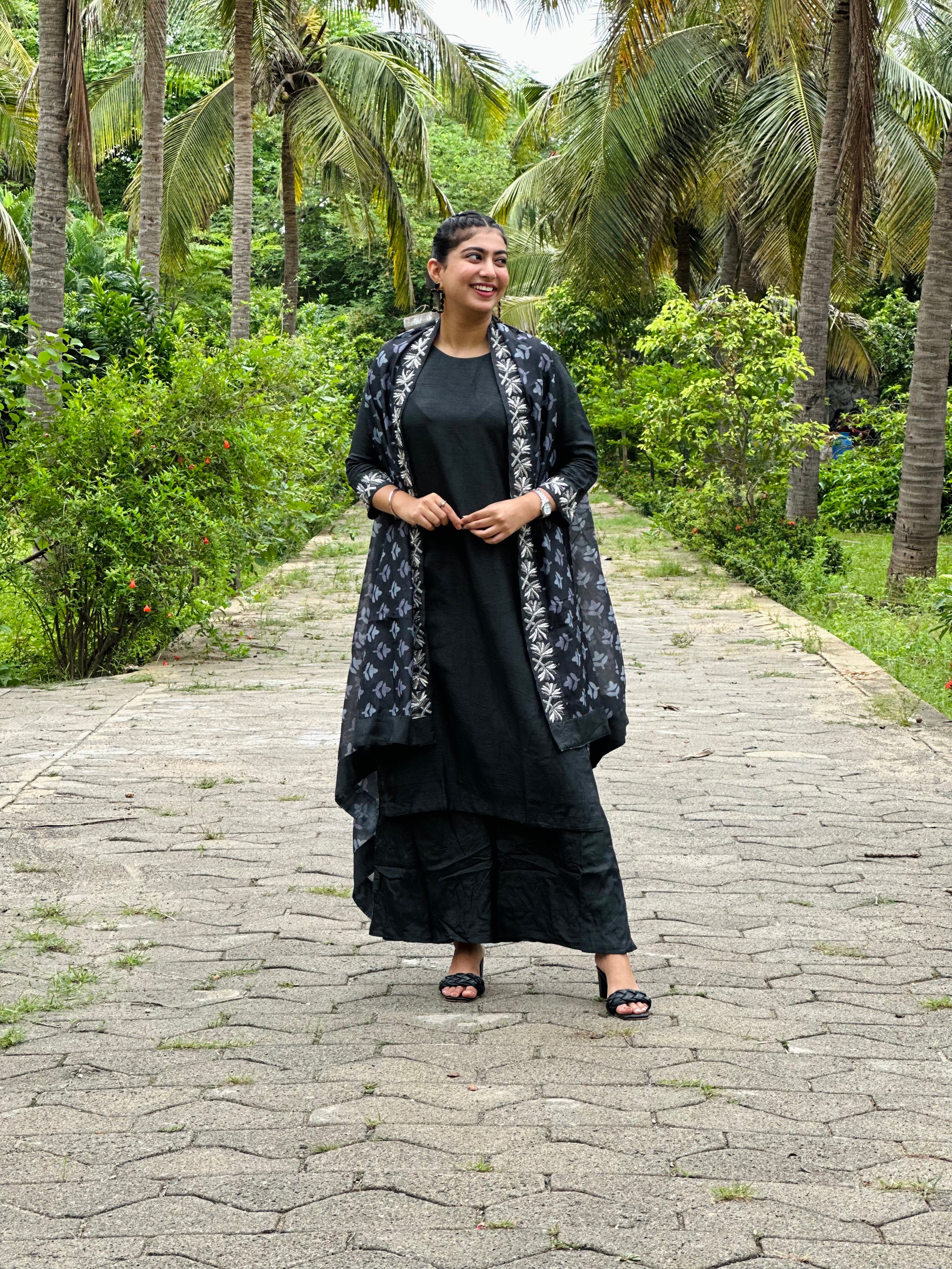 “NIGHTINGALE” Dola Silk Kurta With Drape Jacket And Plazzo Pants | KurtiSwag