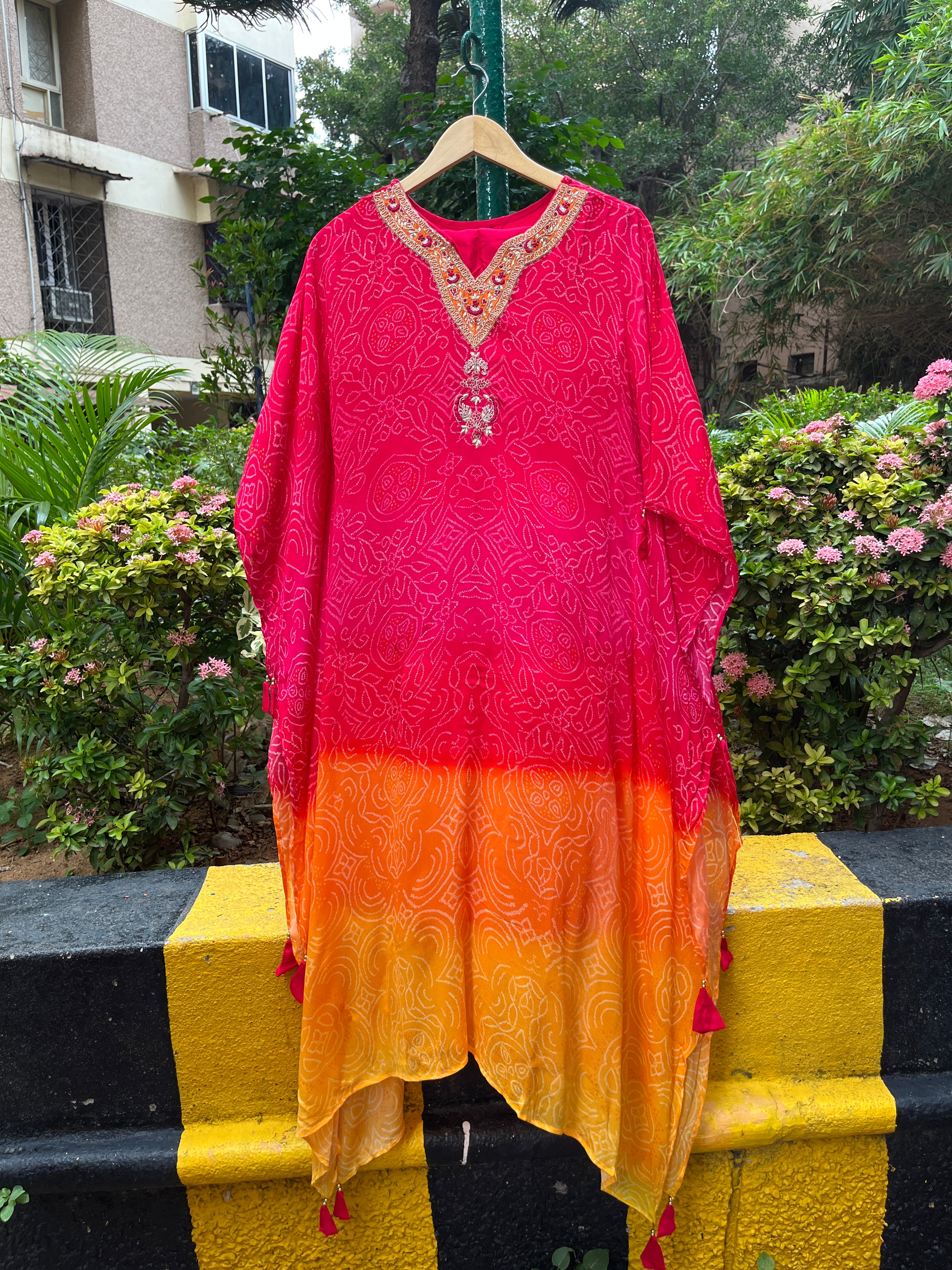 “MEERA” Premium Bandhni Chinnon Ombre Kaftan With Pants ✨❤️💕 | KurtiSwag
