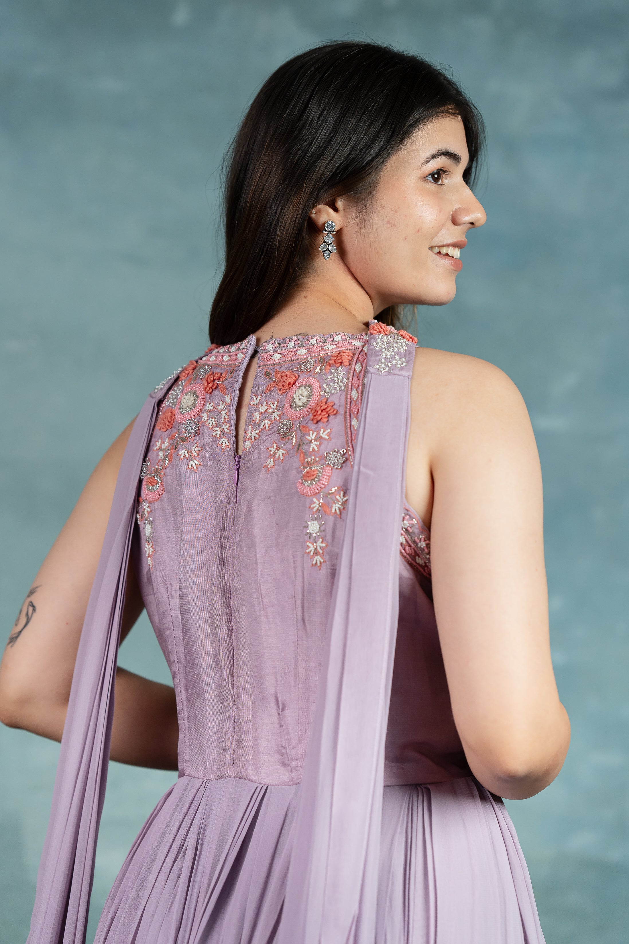 “ASLESHA” Premium Hand Embroidered Maxi Dress With Necklace Dupatta ❤️ | KurtiSwag
