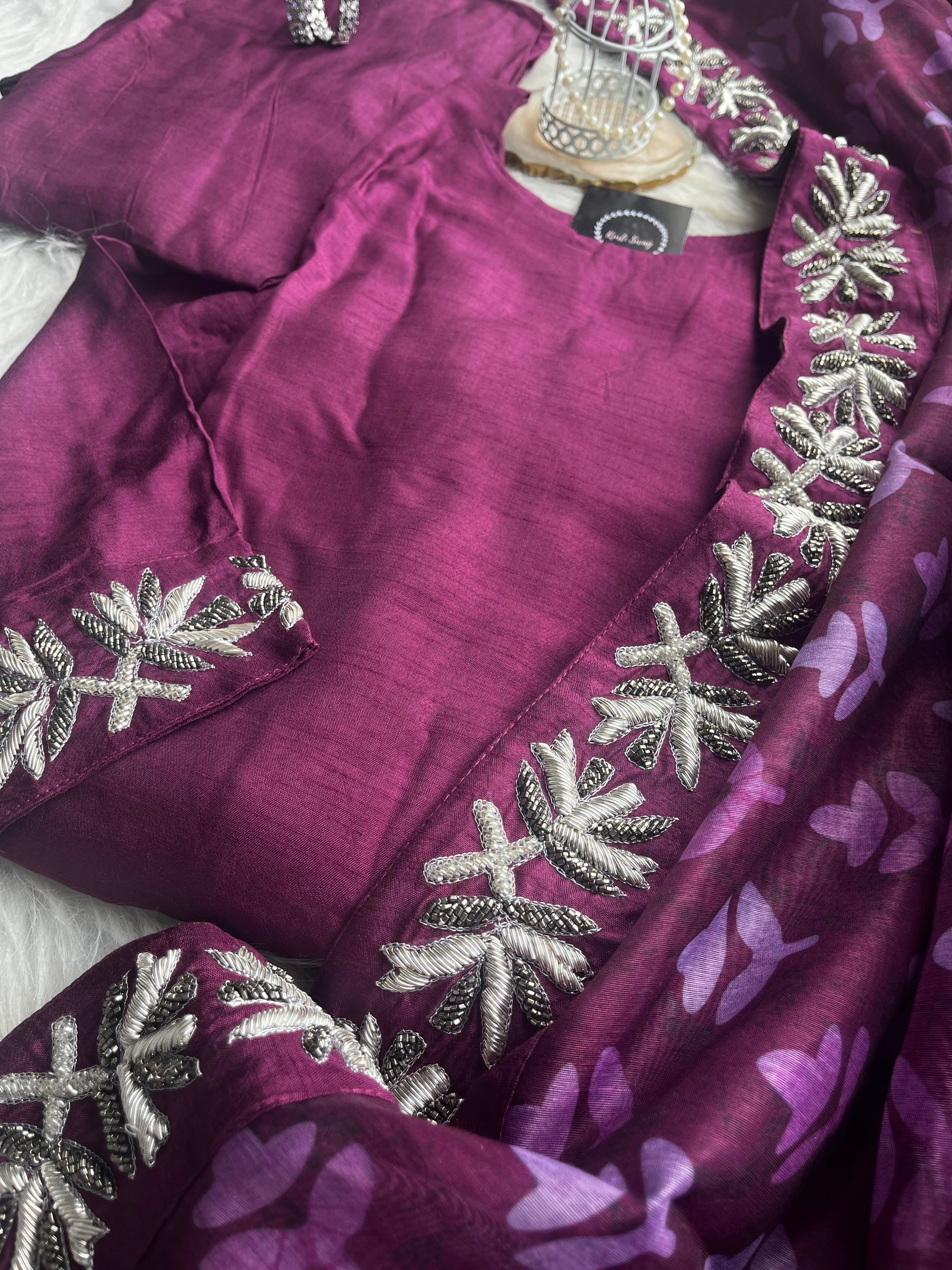 “NIGHTINGALE” Dola Silk Kurta With Drape Jacket And Plazzo Pants | KurtiSwag