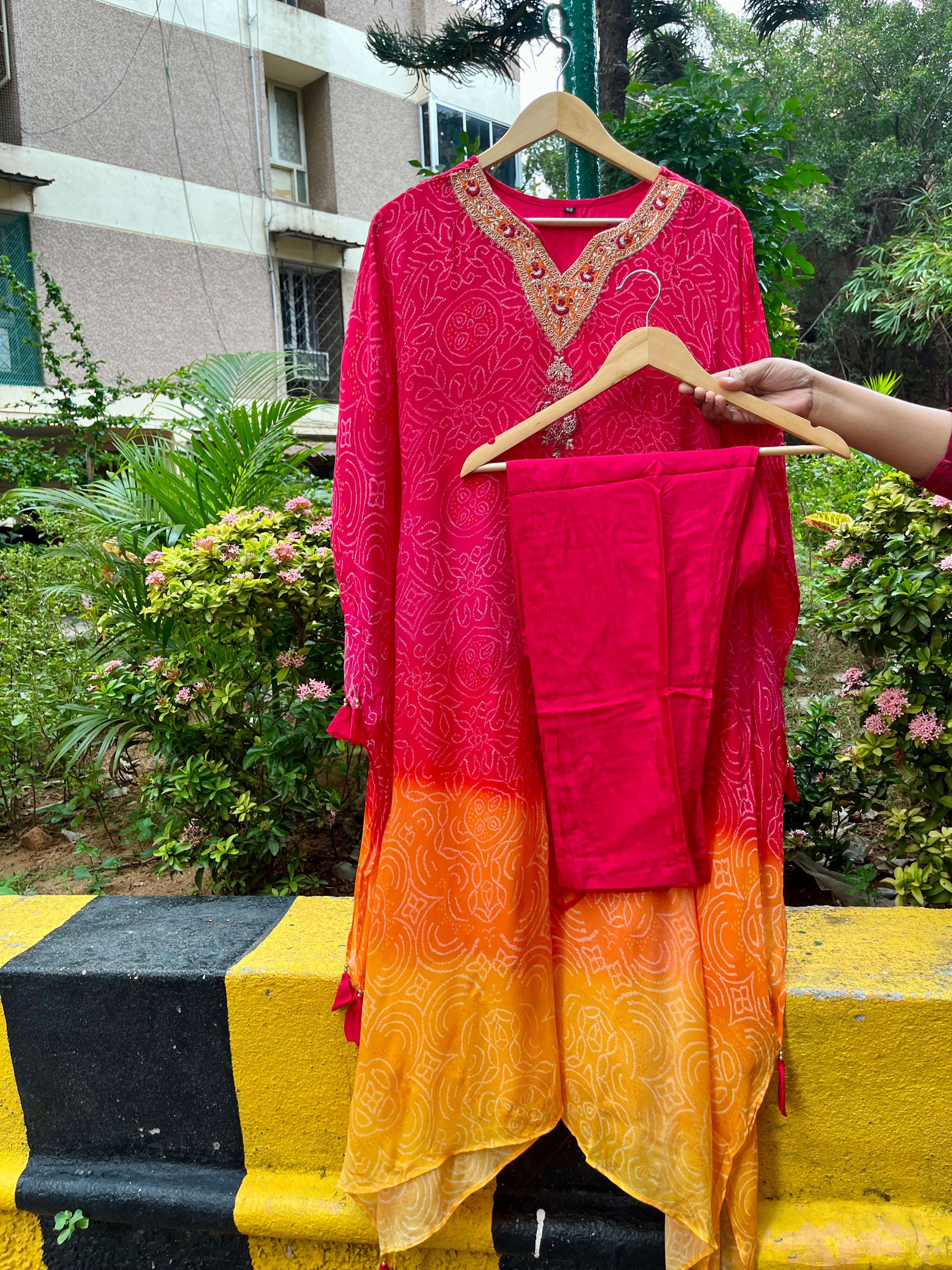 “MEERA” Premium Bandhni Chinnon Ombre Kaftan With Pants ✨❤️💕 | KurtiSwag