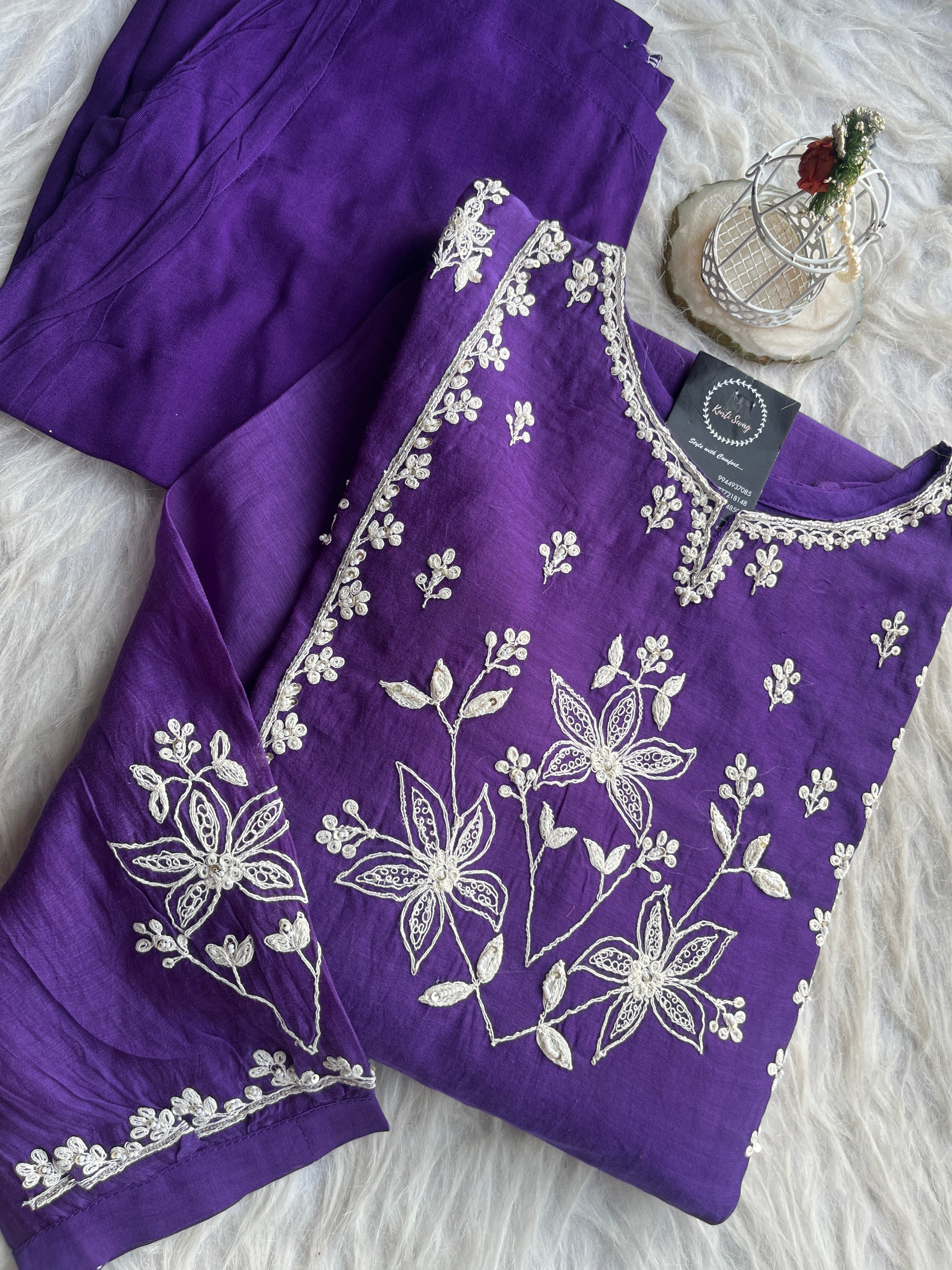 “VAANI” Premium Mul Chanderi Thread Work A Line Kurta Pant Set 💕✨ | KurtiSwag