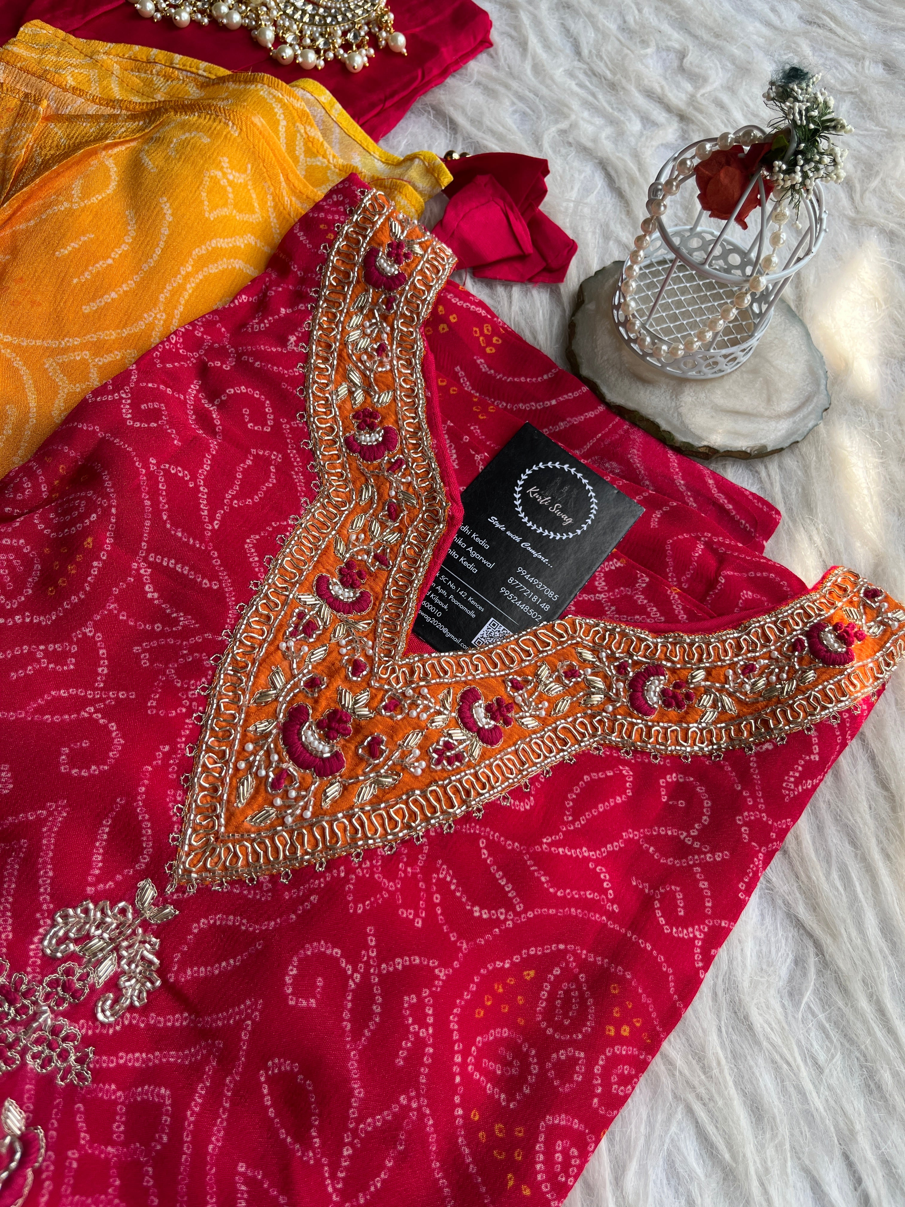 “MEERA” Premium Bandhni Chinnon Ombre Kaftan With Pants ✨❤️💕 | KurtiSwag