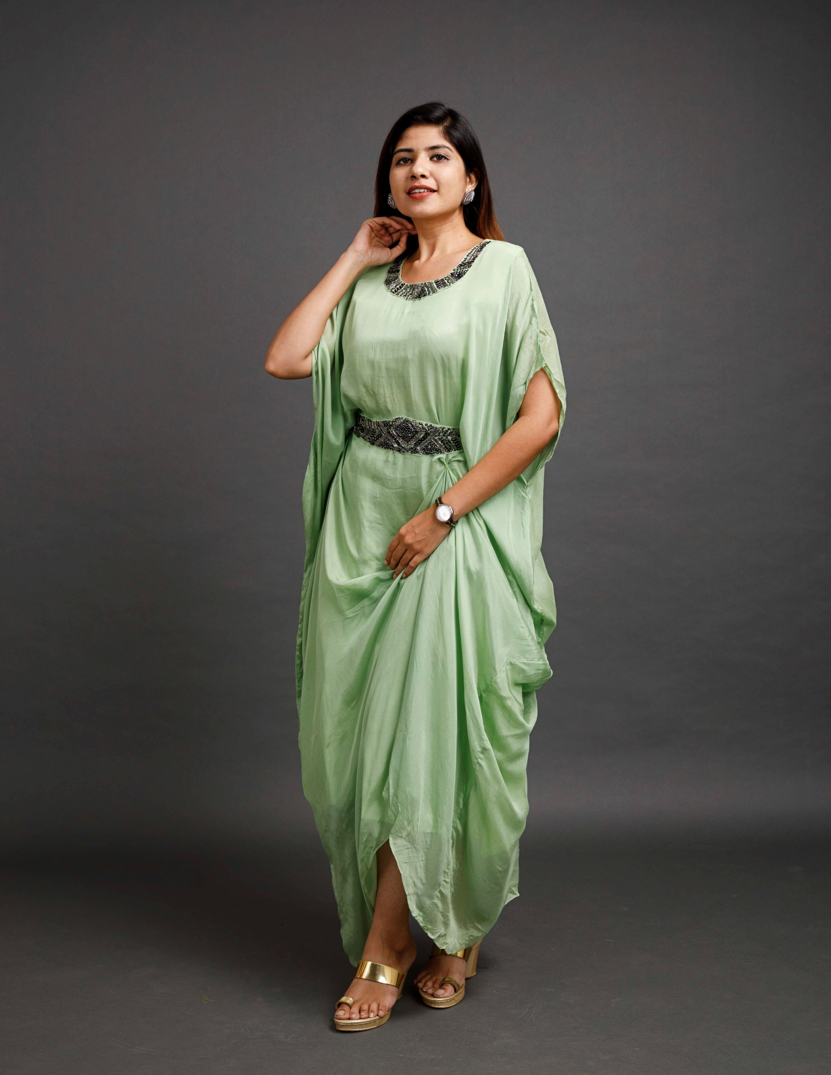 “SAIRA” Chinnon Kaftan Dress with Handwork Belt ✨ | KurtiSwag