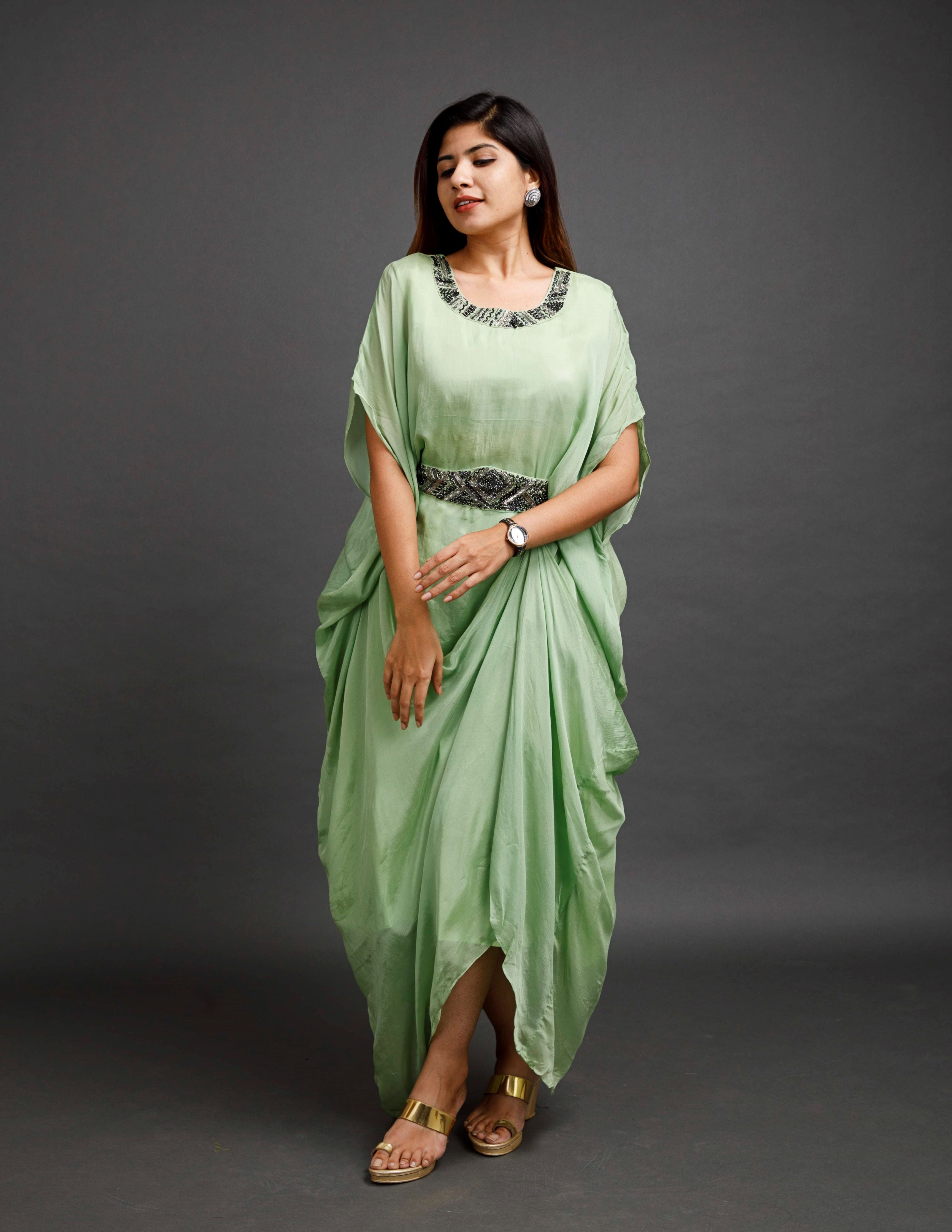 “SAIRA” Chinnon Kaftan Dress with Handwork Belt ✨ | KurtiSwag