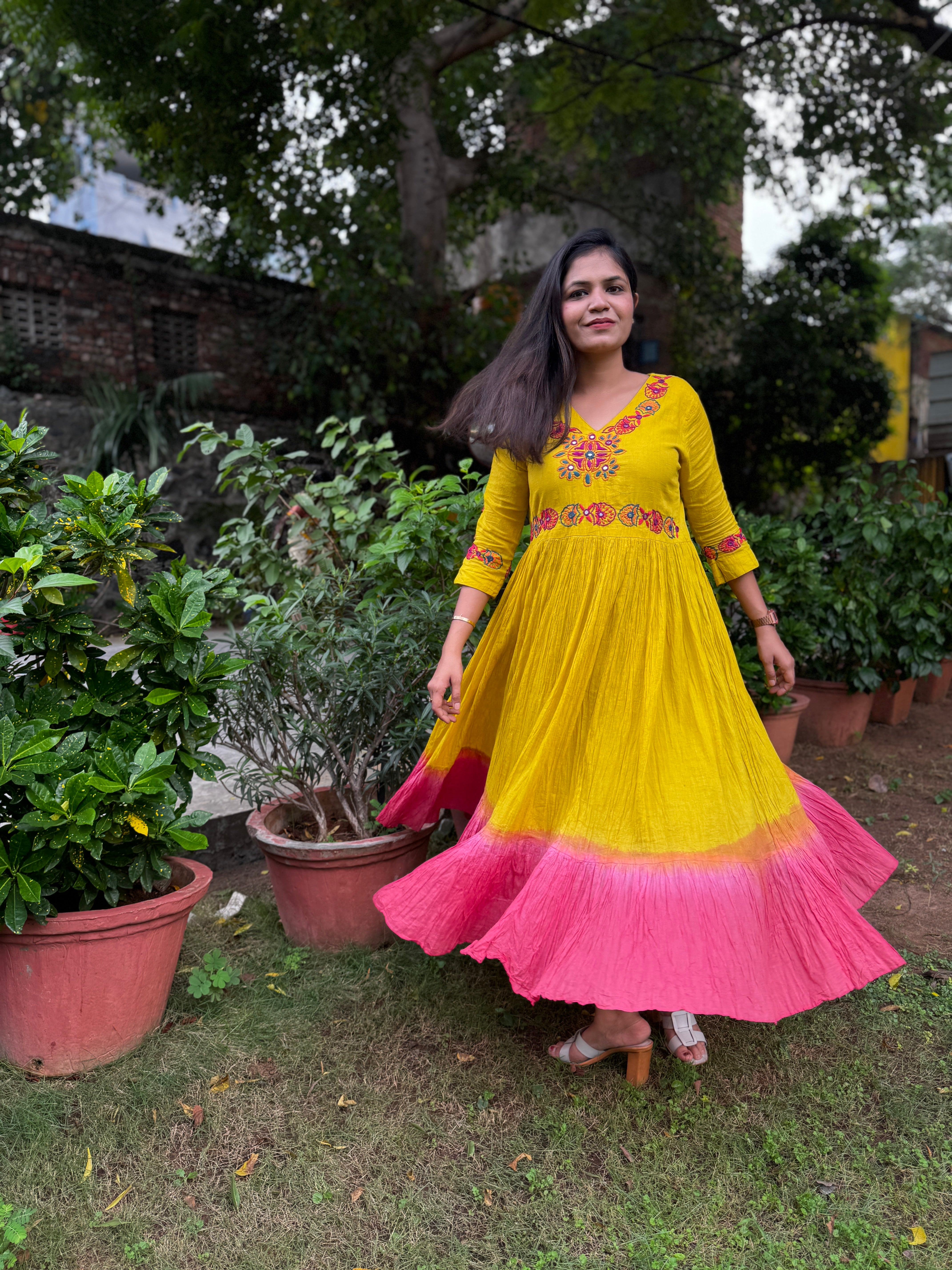 “HUNAR” Ombré Mul Cotton Mirror & Thread Handwork Flared Dress ✨💕💜 | KurtiSwag