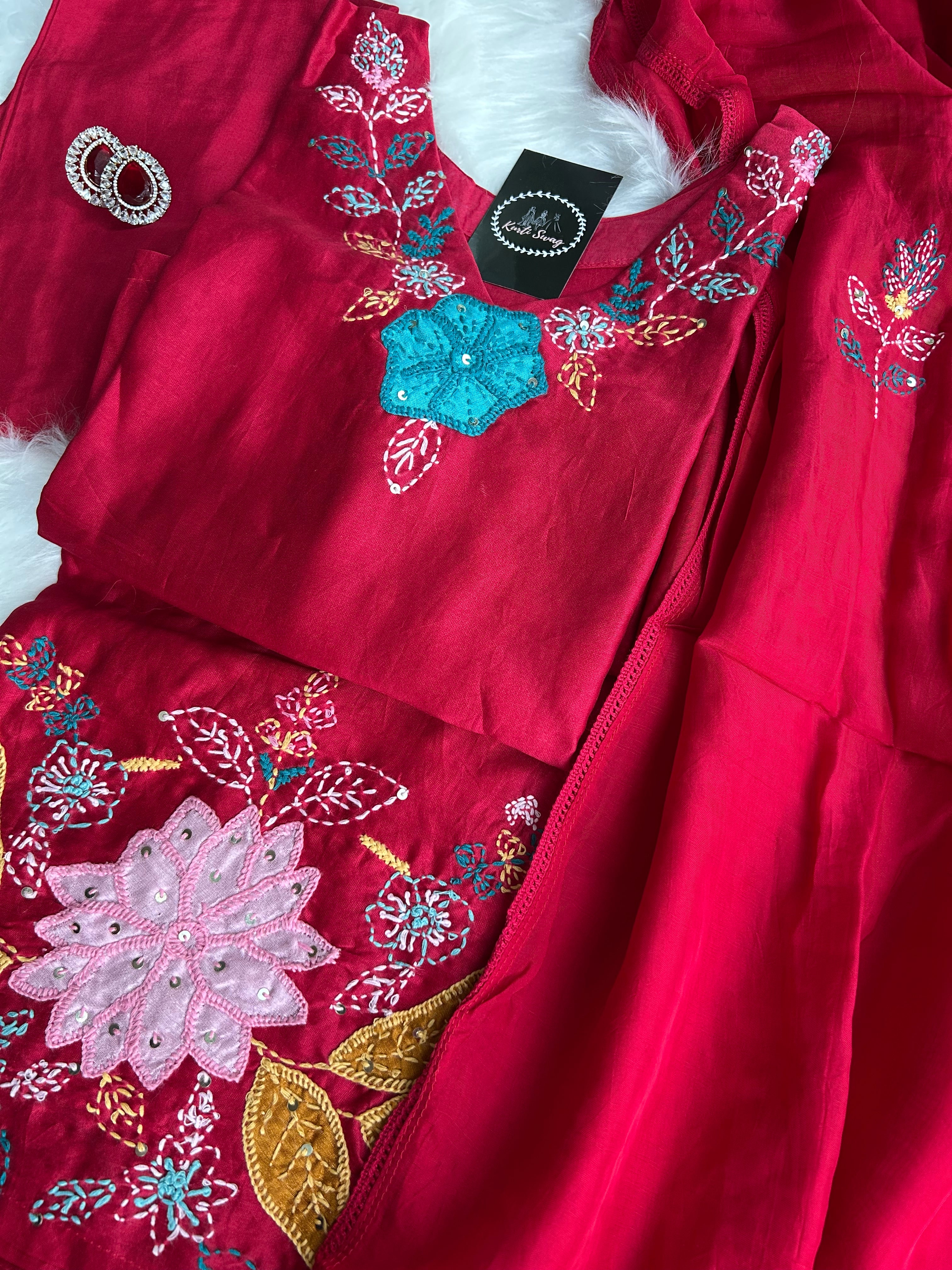 “RUHANI BLOSSOM” Pure Chanderi Suit Set In Red ❤️ | KurtiSwag