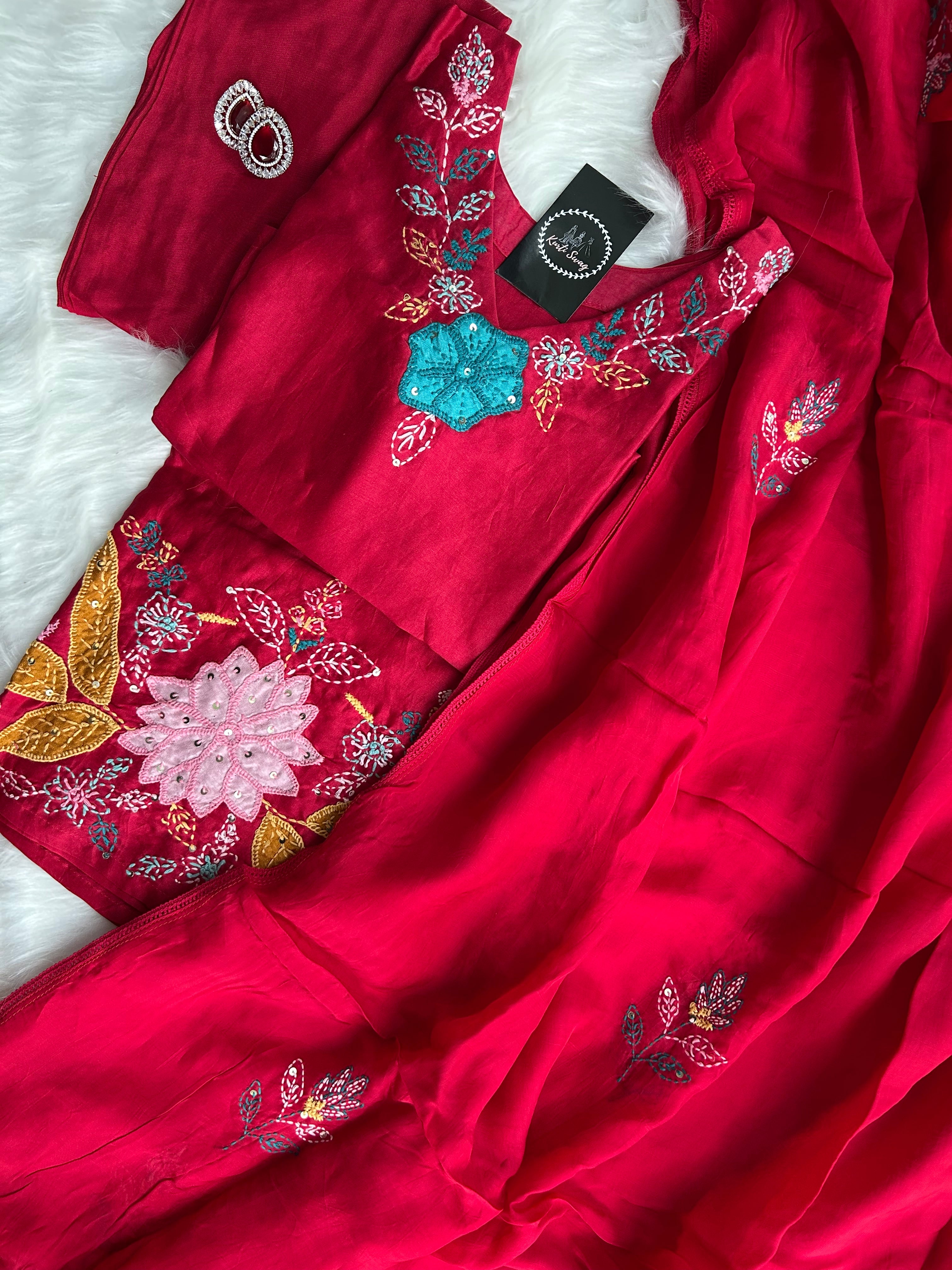 “RUHANI BLOSSOM” Pure Chanderi Suit Set In Red ❤️ | KurtiSwag