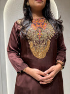 “JUHI” Premium Satin Handwork Top With Drape Skirt- Indowestern💜 | KurtiSwag