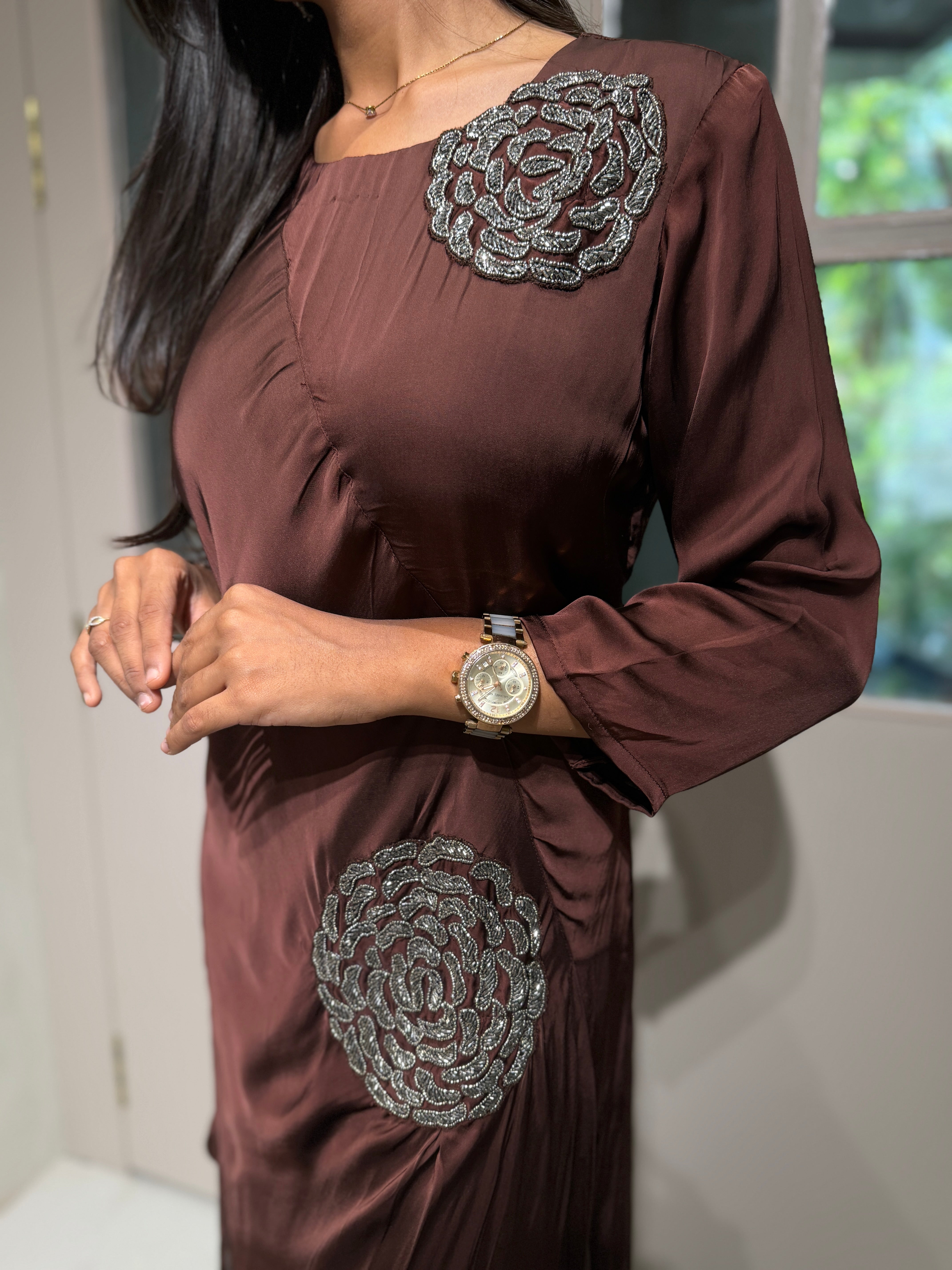 “ROSES” Indowestern Dress In Brown ✨ | KurtiSwag
