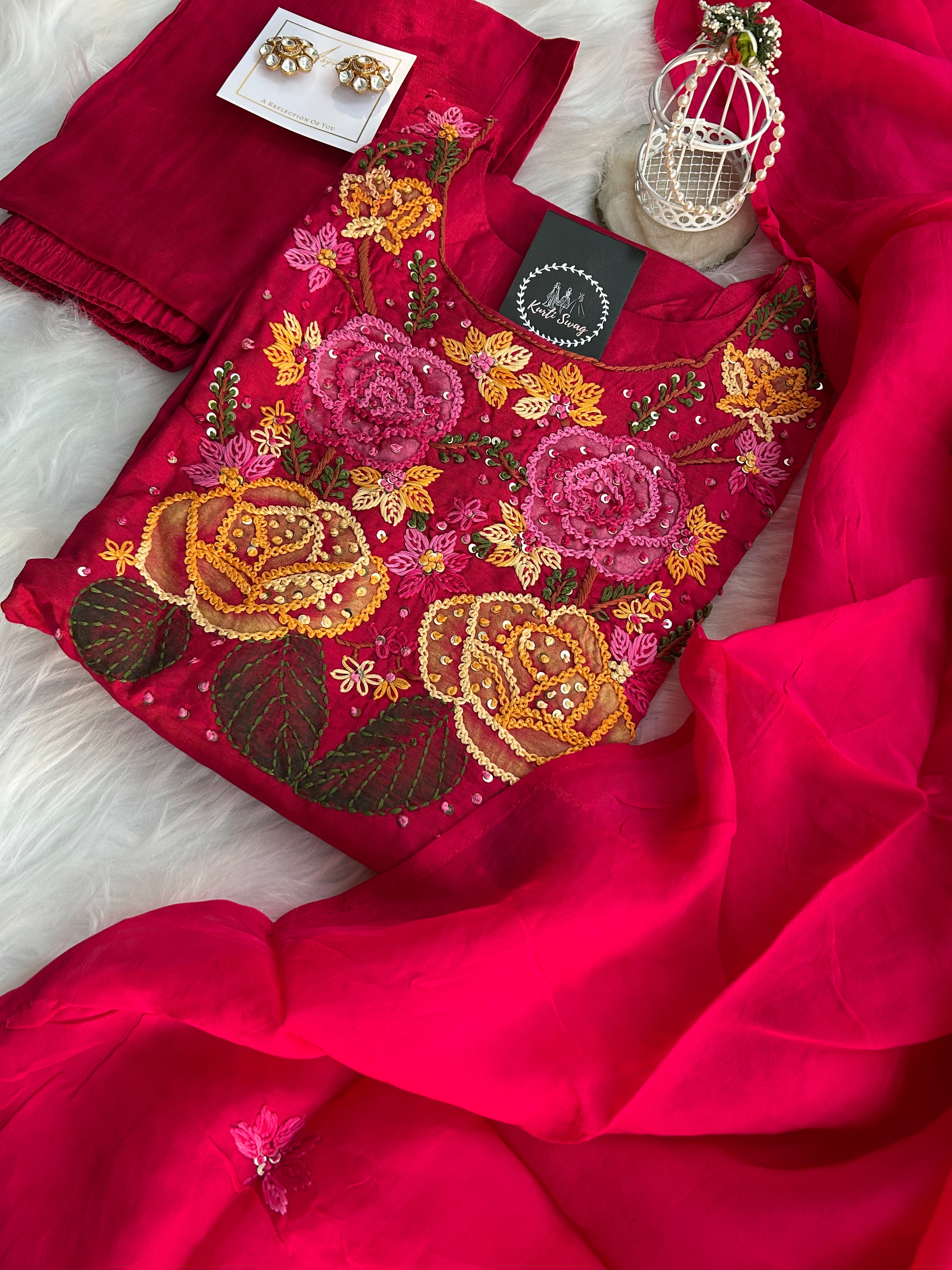 “RANGEELA” Dola Silk French Knot Embroidered Suit Set ✨💕 | KurtiSwag