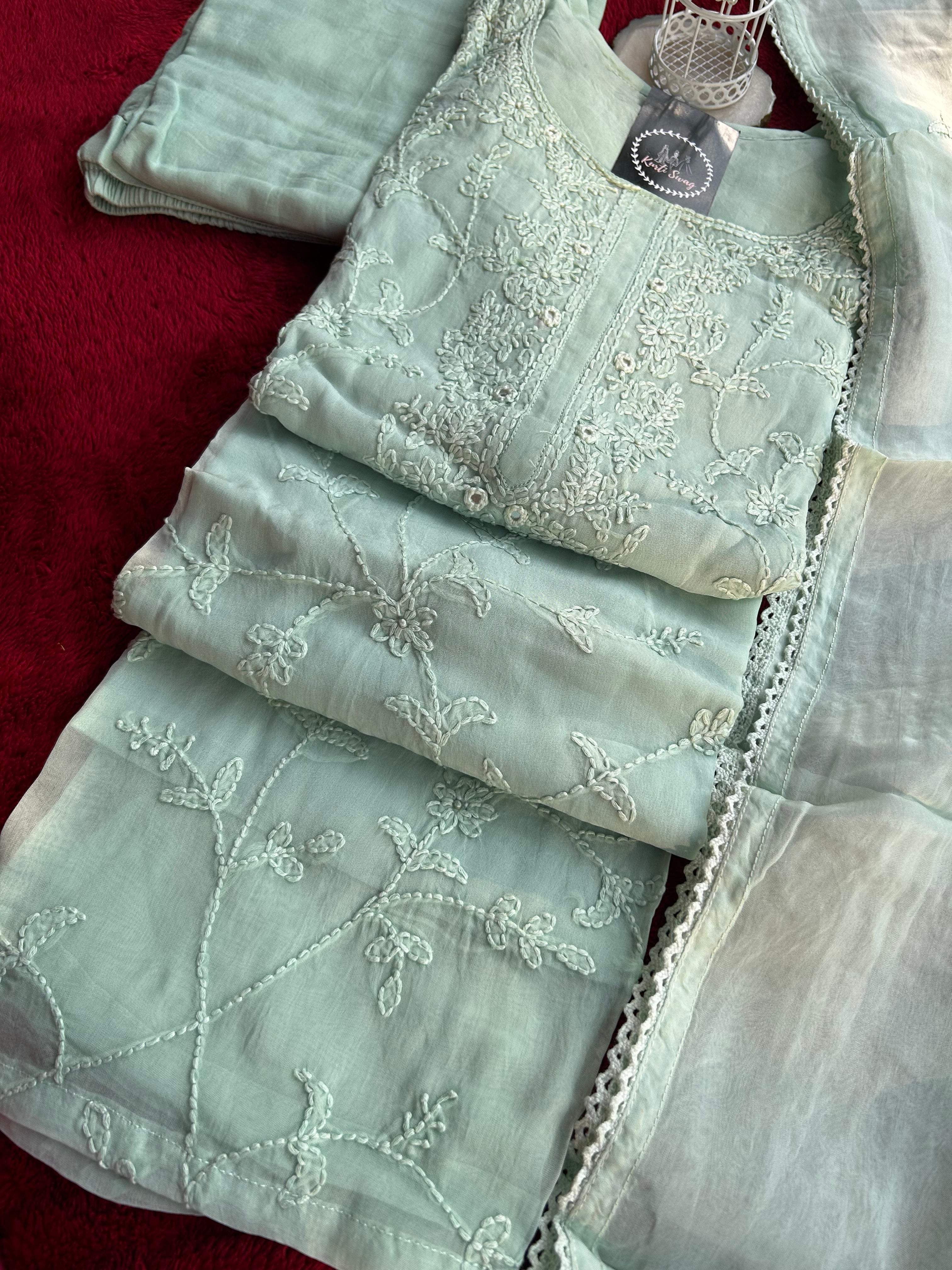 “BLUSH MINT” Soft Organza Chikankari Suit Set ✨💕 | KurtiSwag