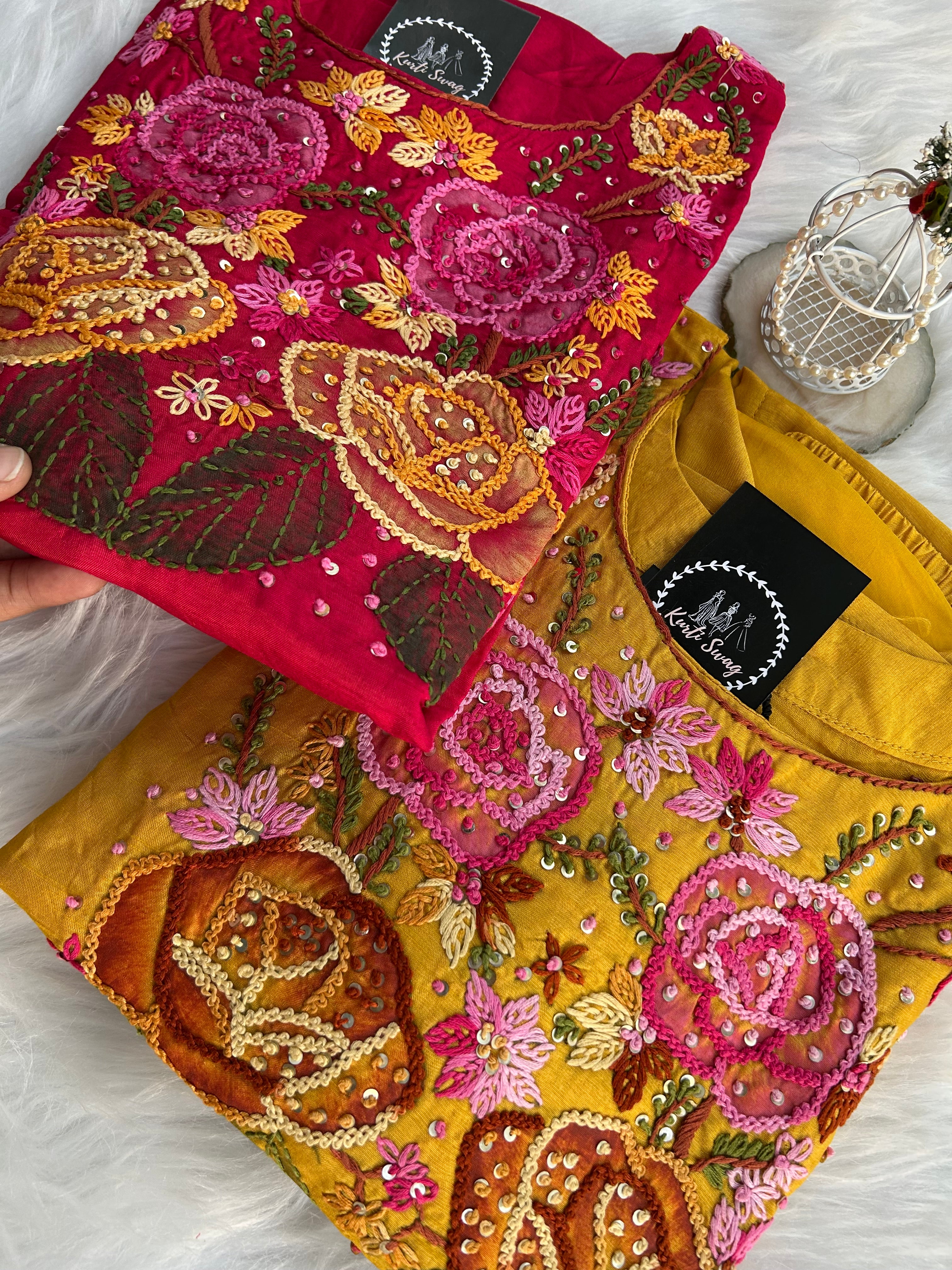 “RANGEELA” Dola Silk French Knot Embroidered Suit Set ✨💕 | KurtiSwag