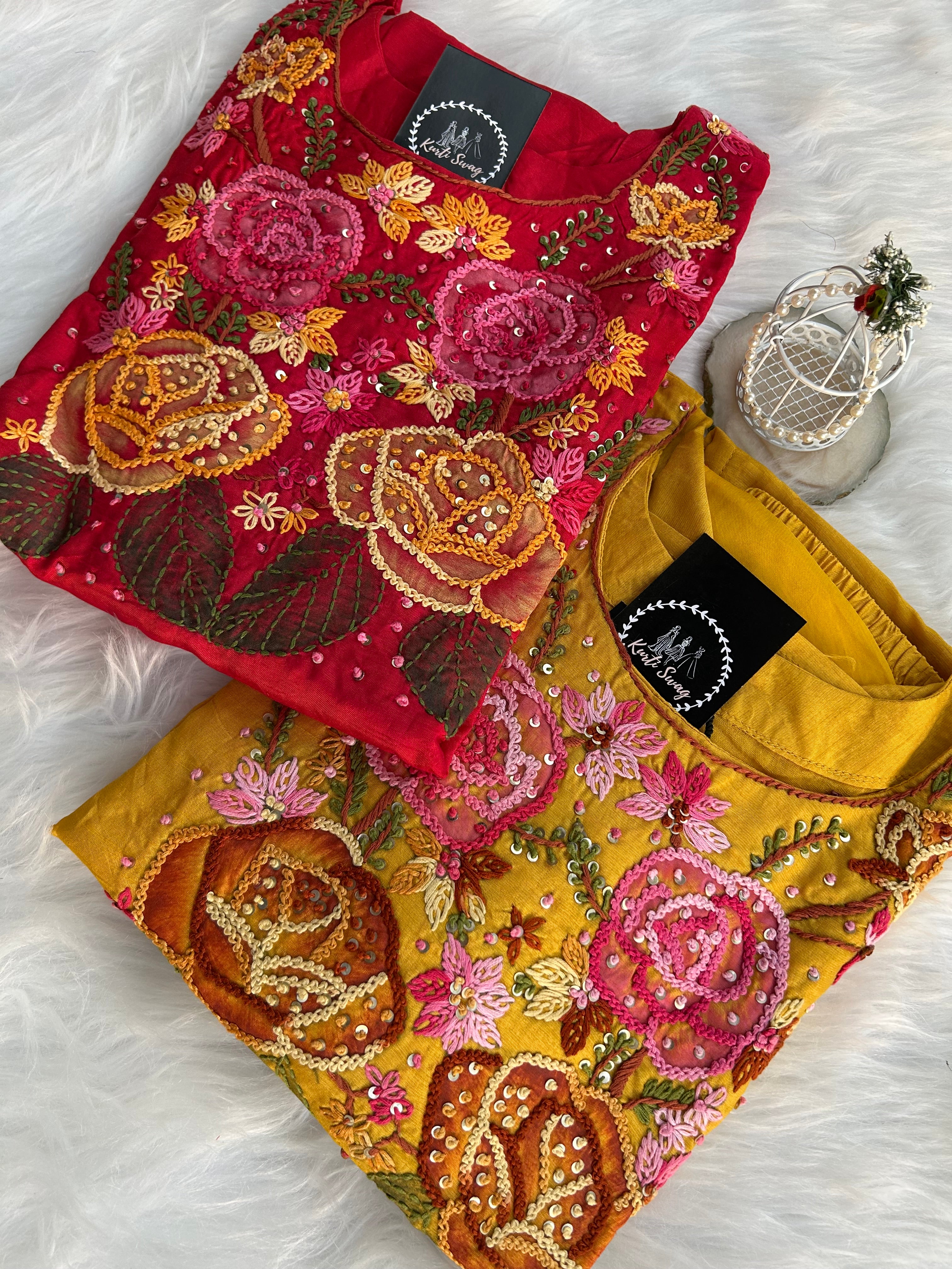 “RANGEELA” Dola Silk French Knot Embroidered Suit Set ✨💕 | KurtiSwag
