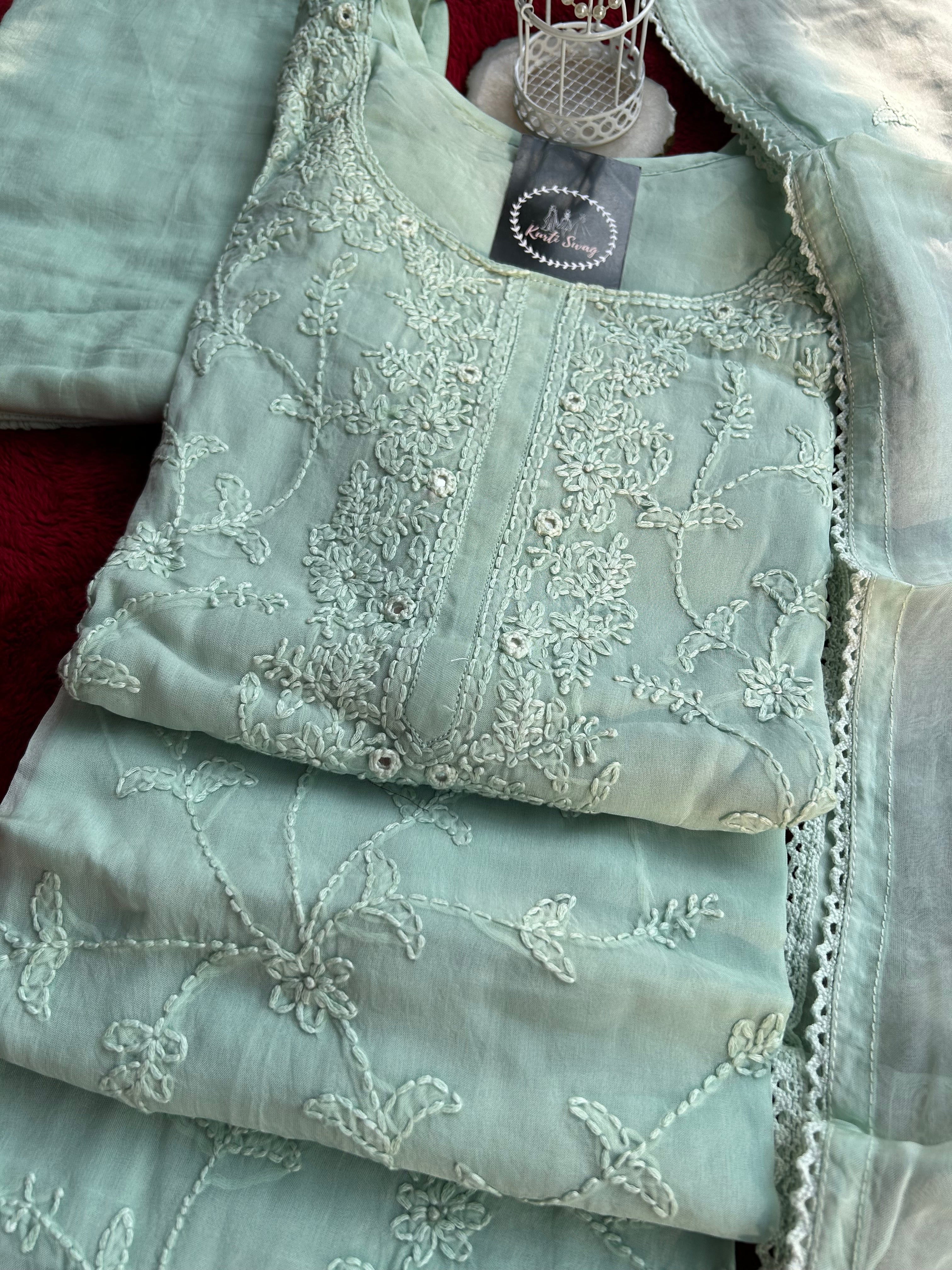 “BLUSH MINT” Soft Organza Chikankari Suit Set ✨💕 | KurtiSwag