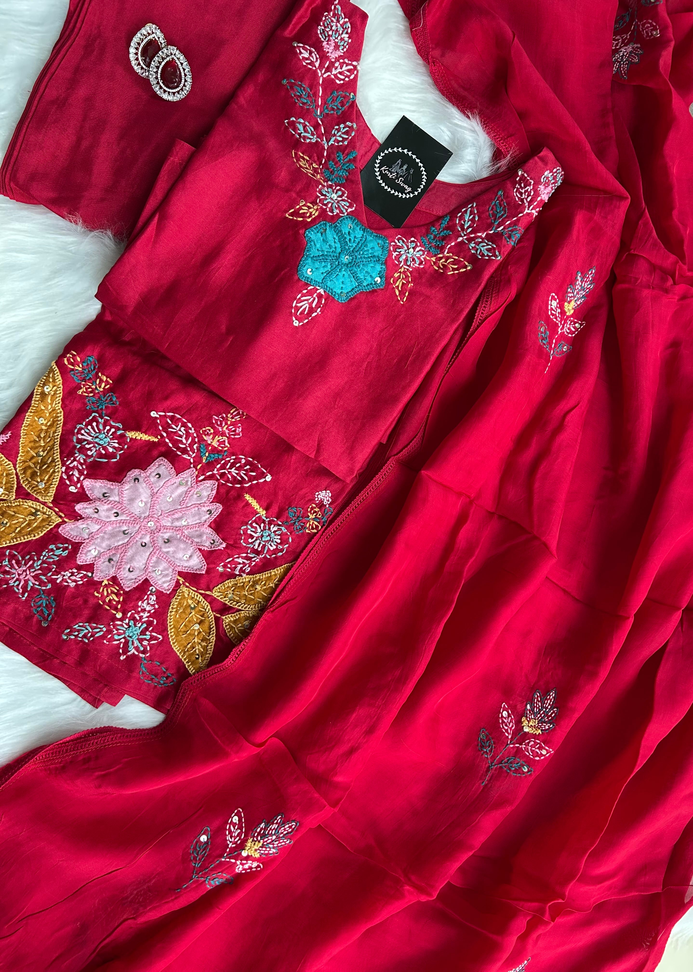 “RUHANI BLOSSOM” Pure Chanderi Suit Set In Red ❤️ | KurtiSwag