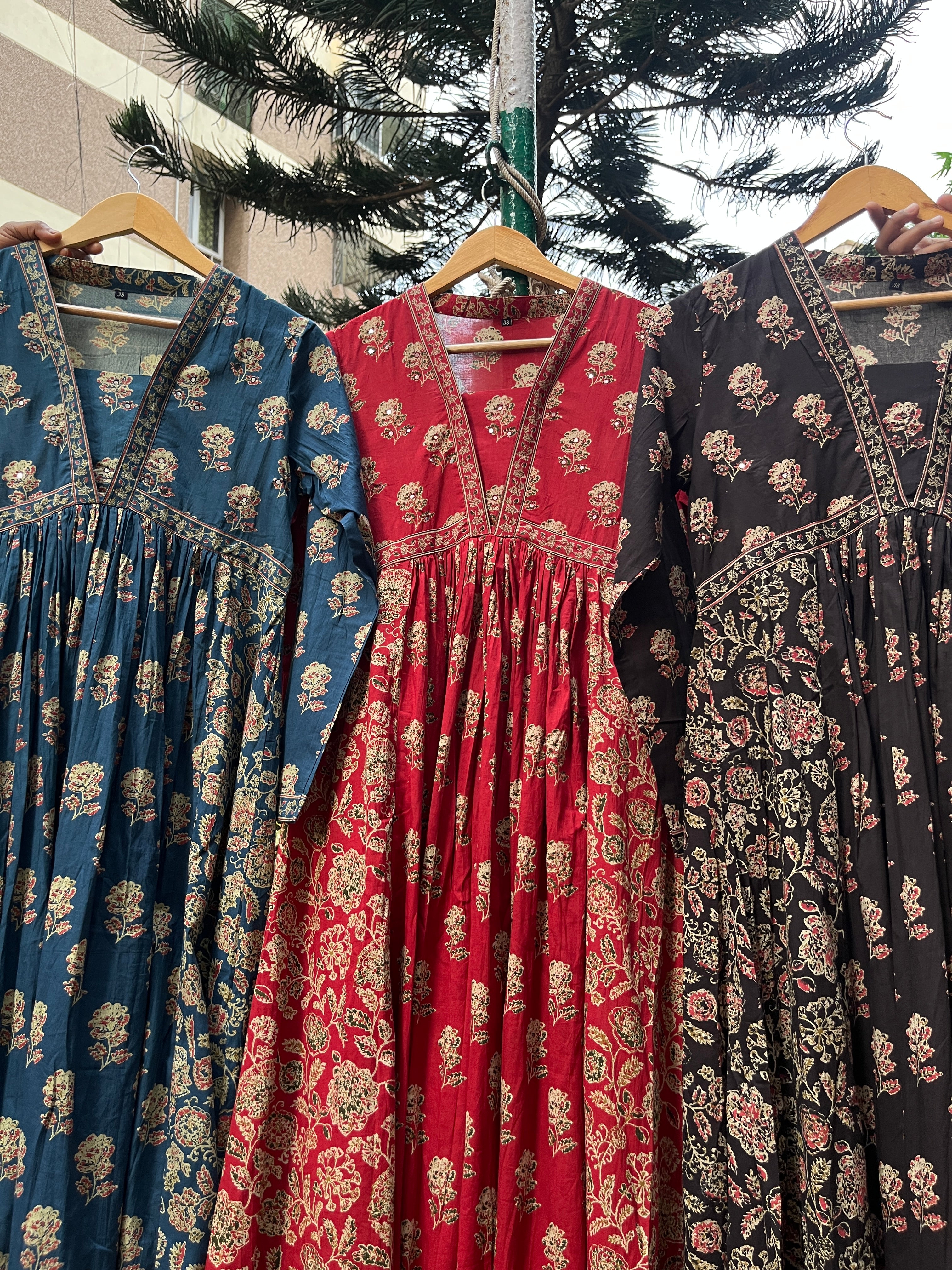 “RASHA” Premium Cotton Ajrakh Print Gown In Casual Wear ✨ | KurtiSwag
