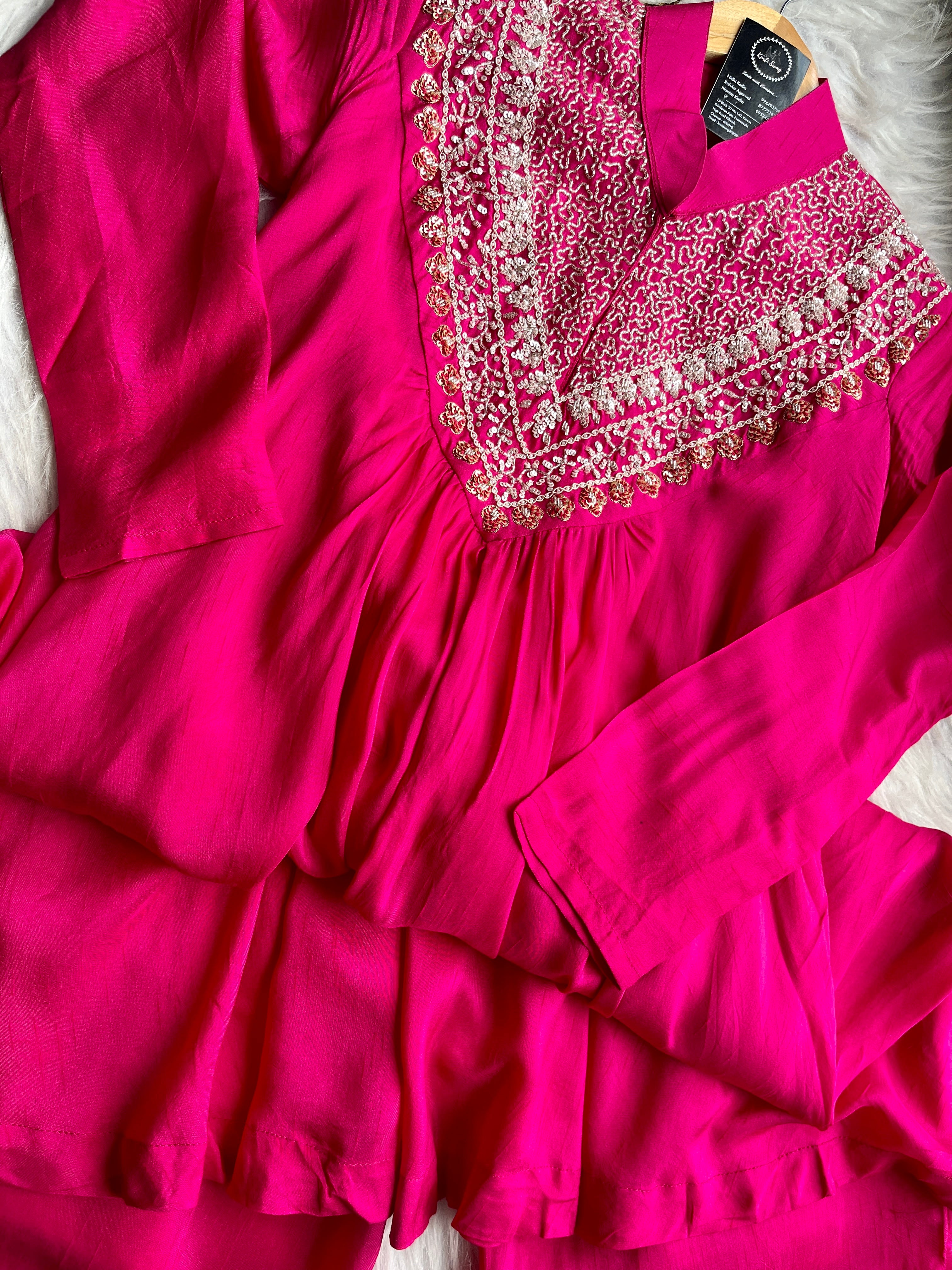 “SHREYA” Handwork Pink A line Top With Loose Straight Pants - Indowestern Edit 💕✨ | KurtiSwag